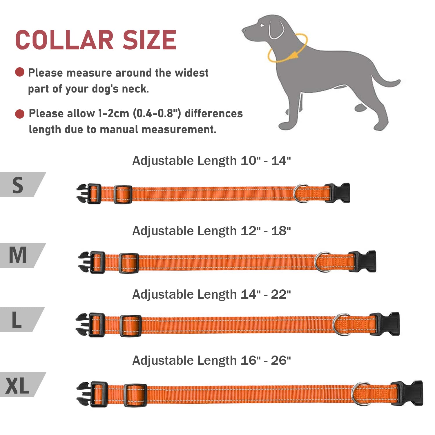 Reflective Dog Collar With Buckle Adjustable Safety Nylon Collars For Small Medium Large Dogs, Orange L