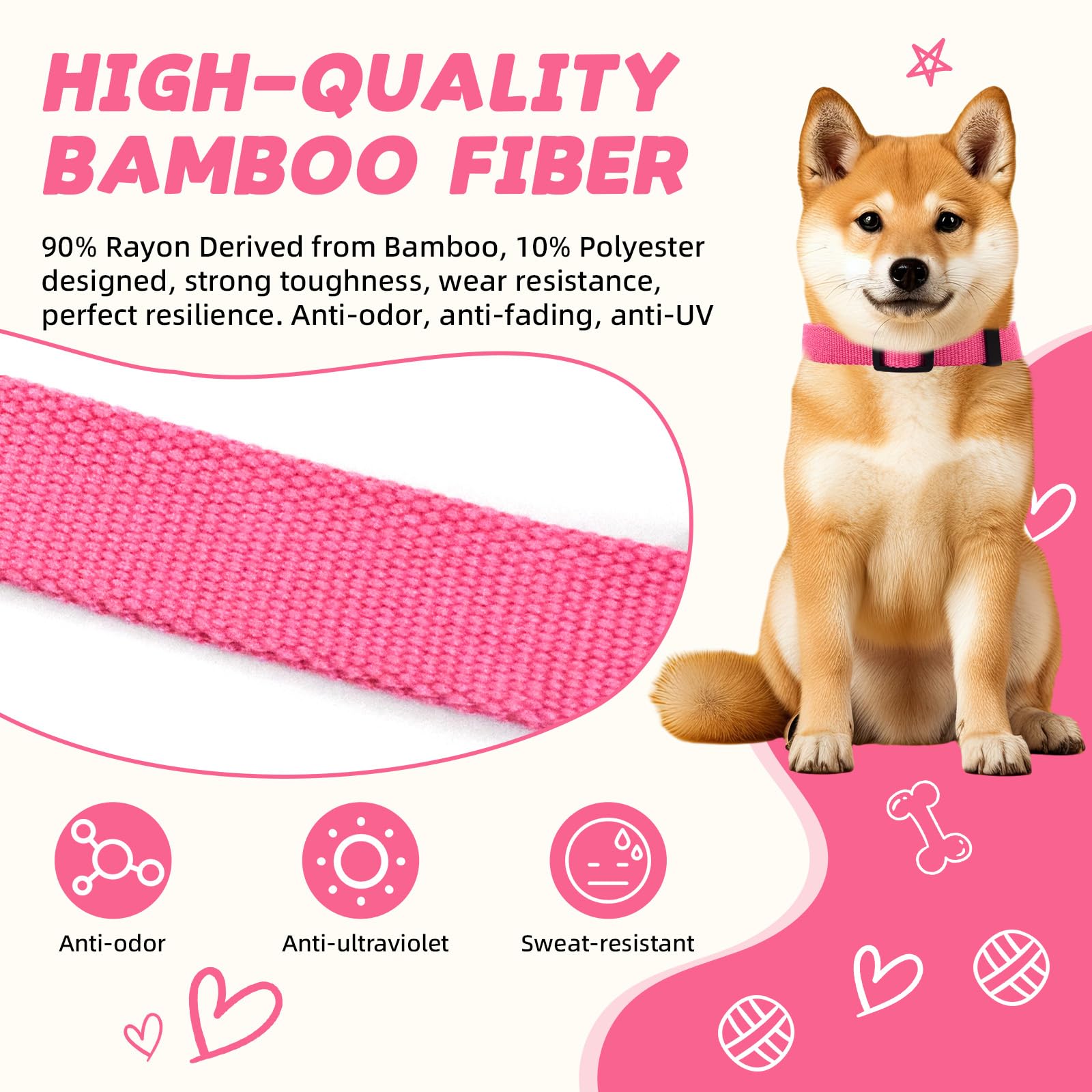 Rose Pink Dog Collar And Leash Set For Large Dog, Breathable, Anti-Odor & Soft, Comfortable For Sensitive Skin Puppies, 90% Bamb