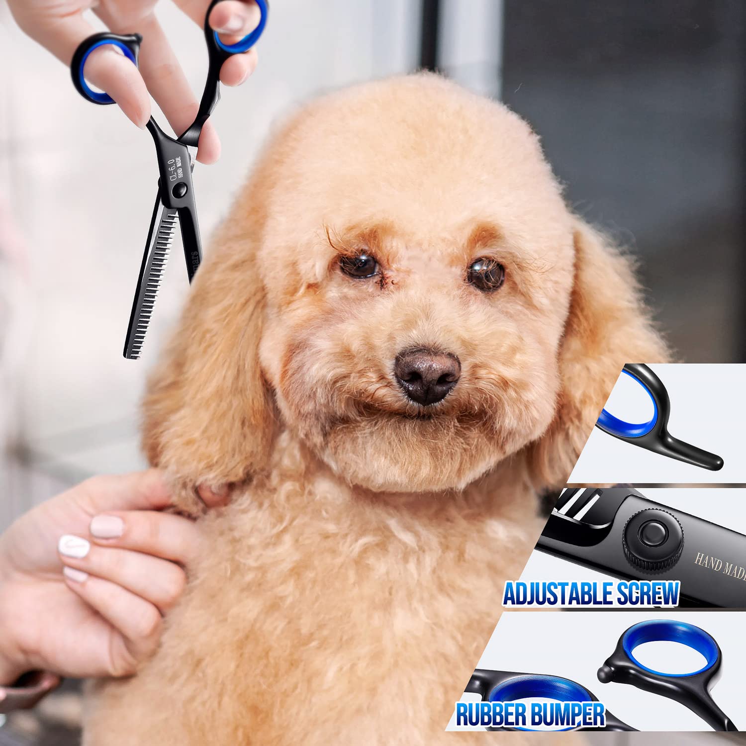 Gimars Dog Grooming Scissors Kit Professional 4Cr With Safety Round Tip, 5 In 1 Heavy Duty Titanium Coated Thinning & Curved & Straight Shears Black