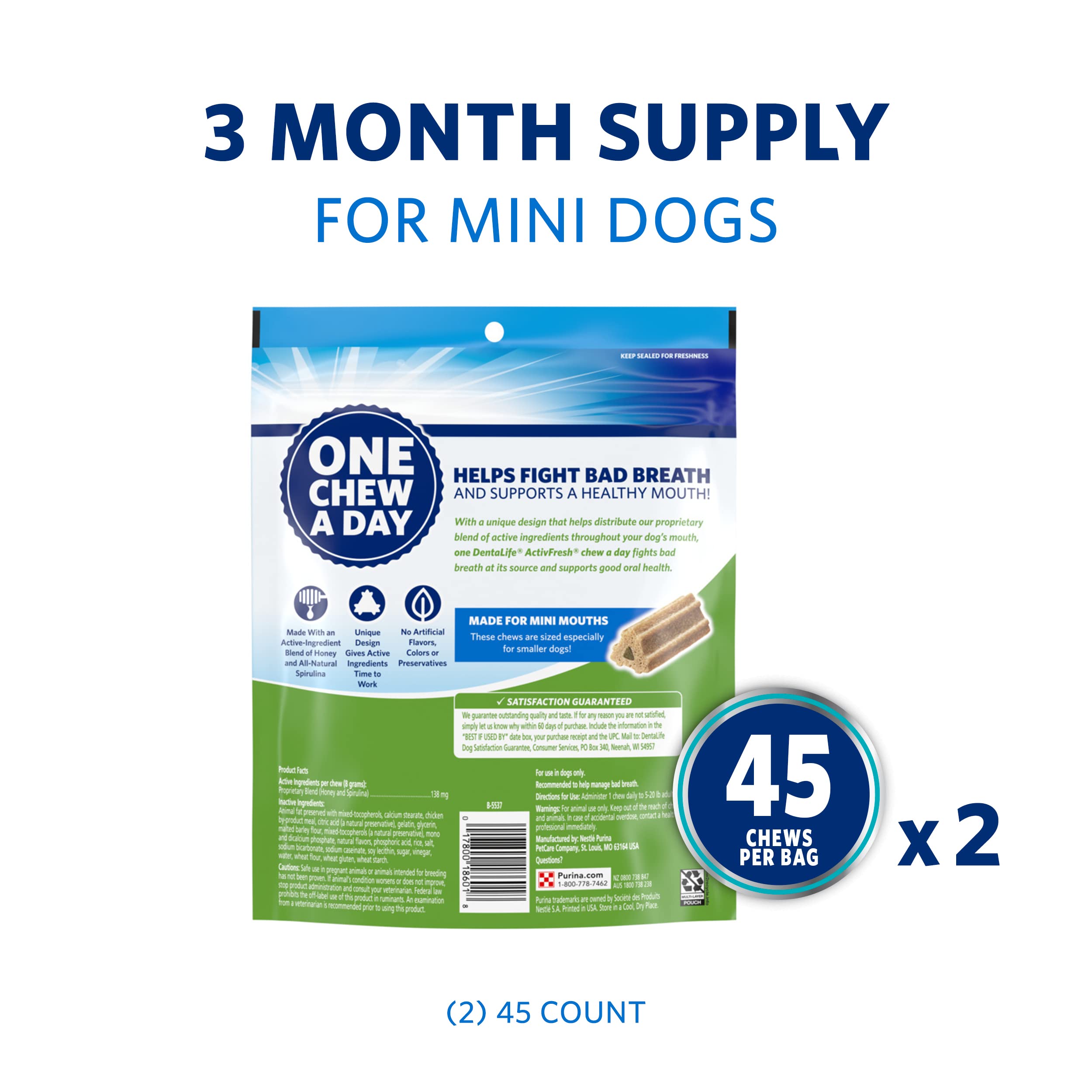 Dentalife DentaLife ActivFresh Daily Oral Care Mini Dog Chews, 90 Count, (2) 45 ct. Pouches