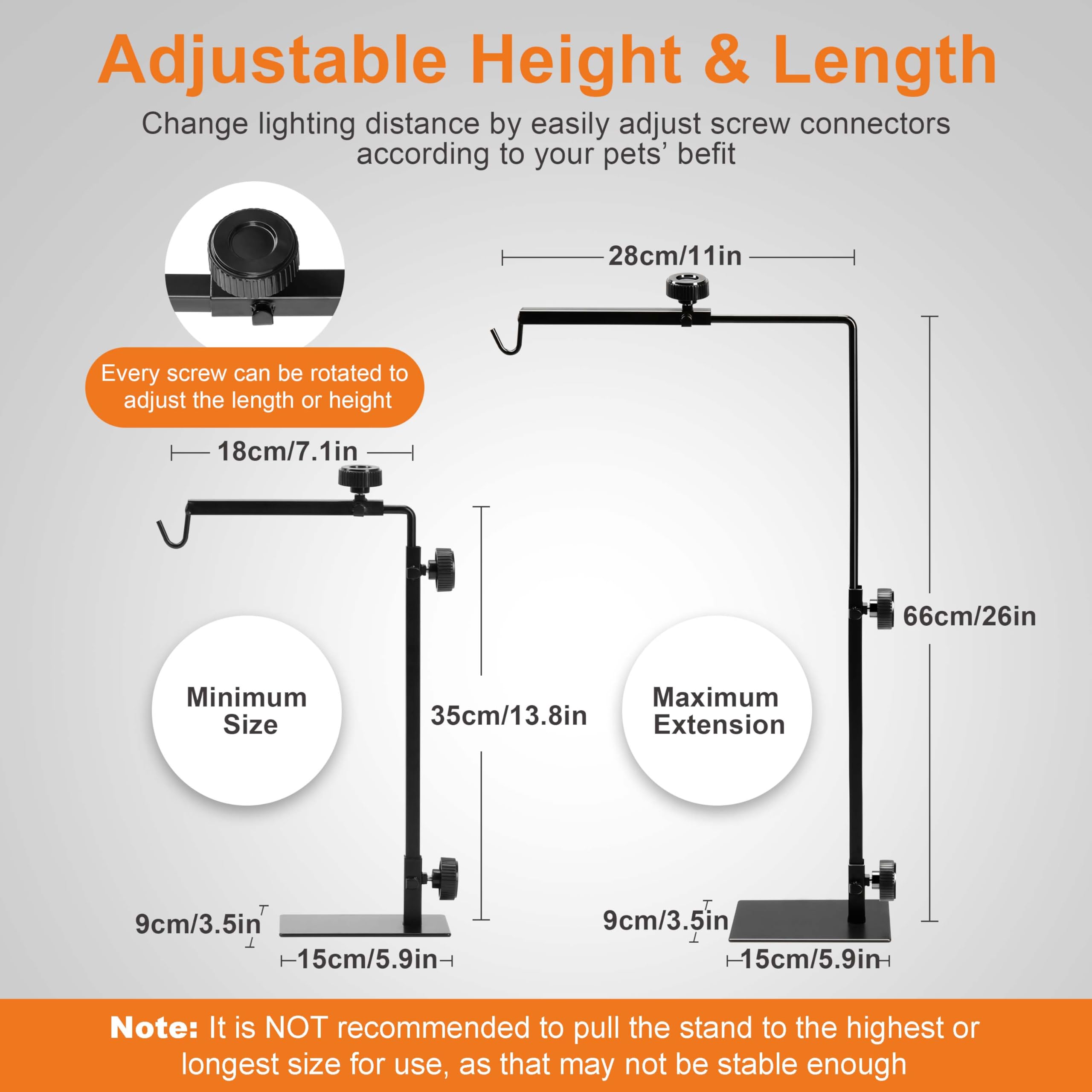 Simple Deluxe Reptile Lamp Stand Metal Light Holder Adjustable Height 14-26 Inch, For Amphibian Terrarium Heating-Light And Aqua