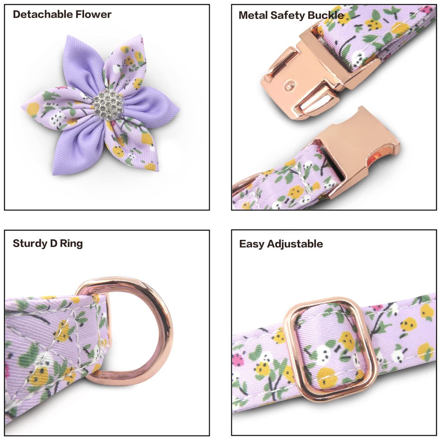 Tdtok Girl Dog Collar With Detachable Flower, Safety Metal Buckle Floral Pattern Soft Comfy Cotton Pet Collars For Small Medium