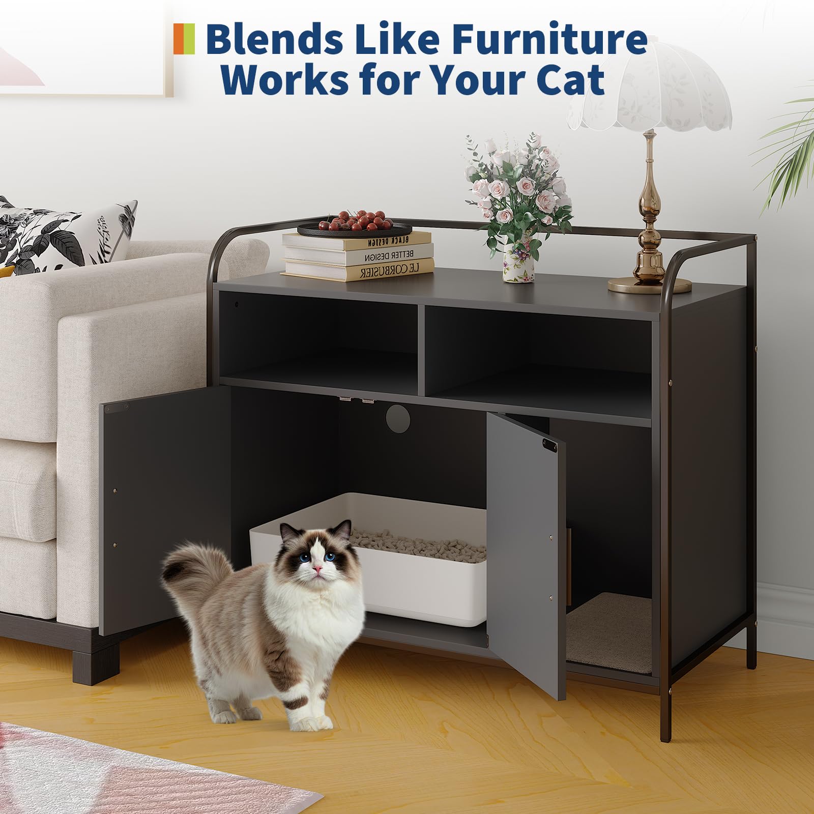 GarveeHome Cat Litter Box Enclosure with Metal Frame and Dual Storage Shelves, Modern Hidden Litter Box Furniture Indoor Cat Hou