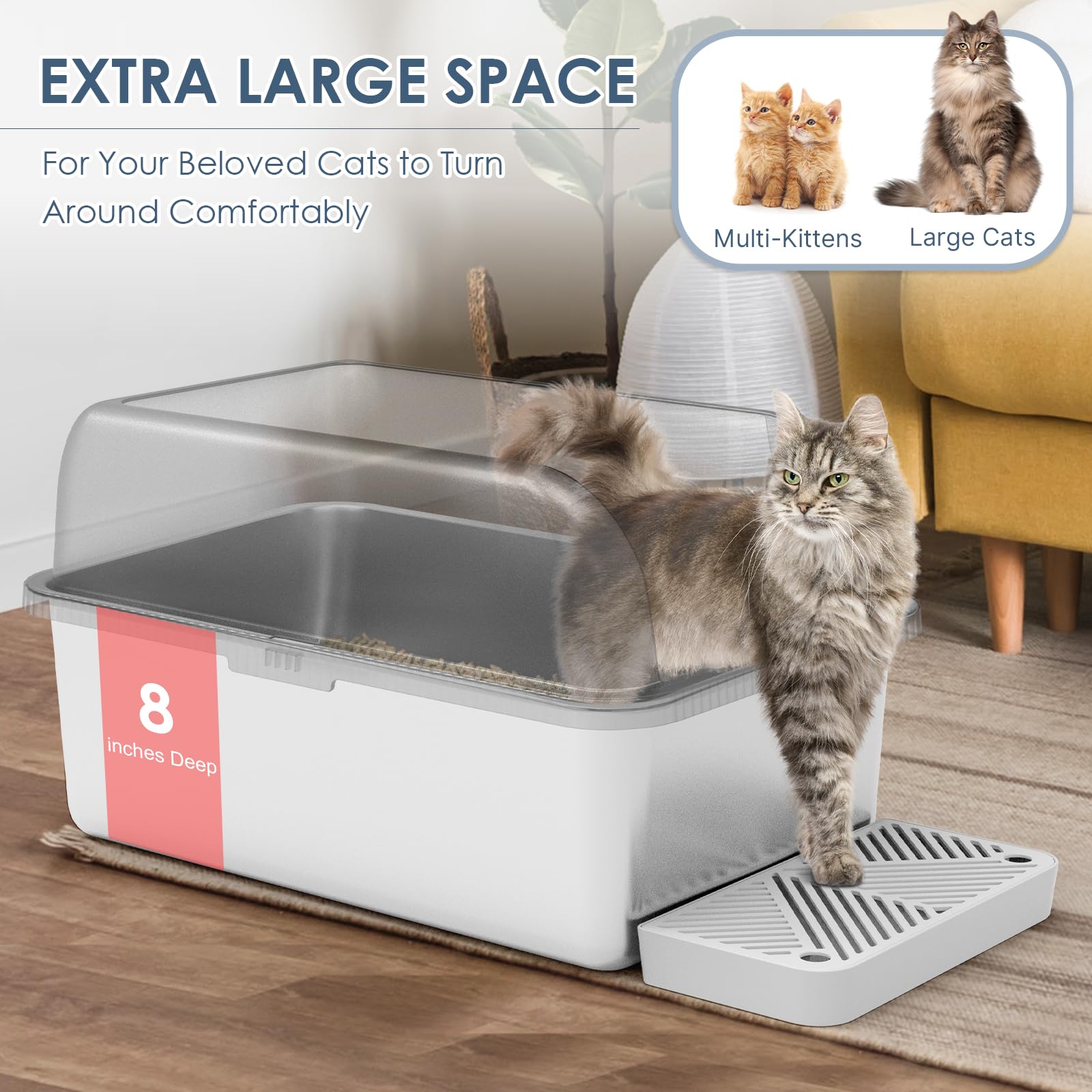 2 Pack 8'' Deep Stainless Steel Litter Box With Lid, Extra Large & Deep Stainless Steel Cat Litter Box For Multipul Cats, Metal