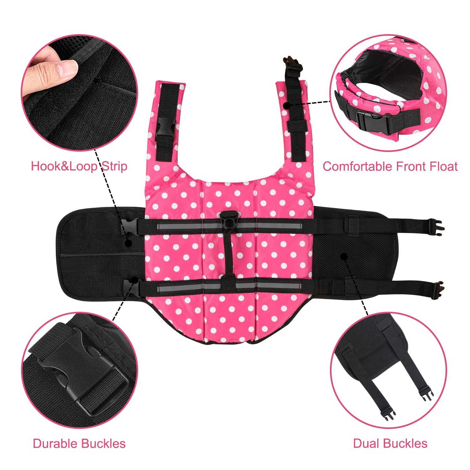 Haocoo Dog Life Jacket Vest Saver Safety Swimsuit Preserver With Reflective Stripes/Adjustable Belt Dogs?Pink Polka Dot,Xxl