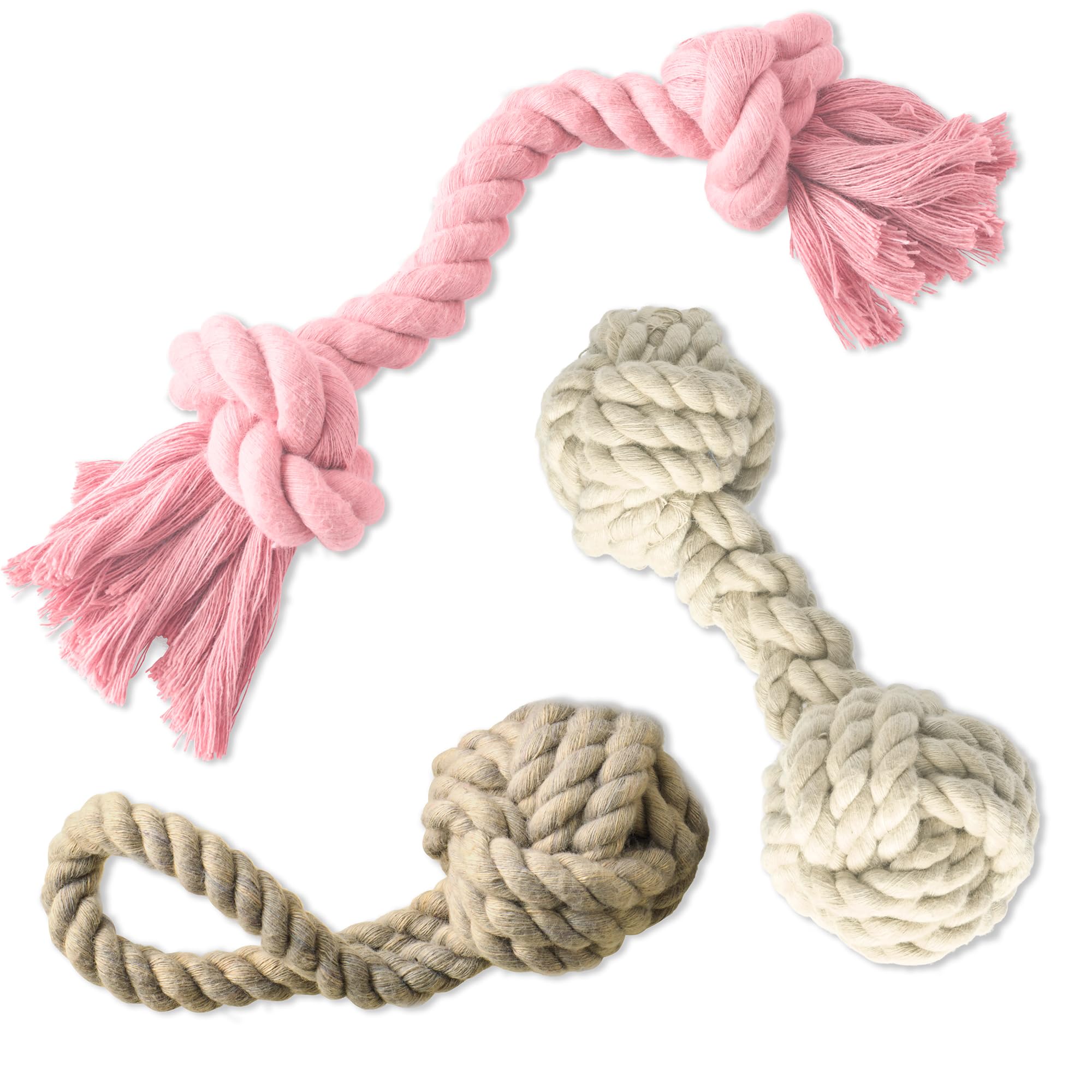 Pet Passion Brady The Rope Tug Toy 3-Pack Organic Cotton Dog Rope Pull Toys for All Pet Breeds, Pink Salt, One Size