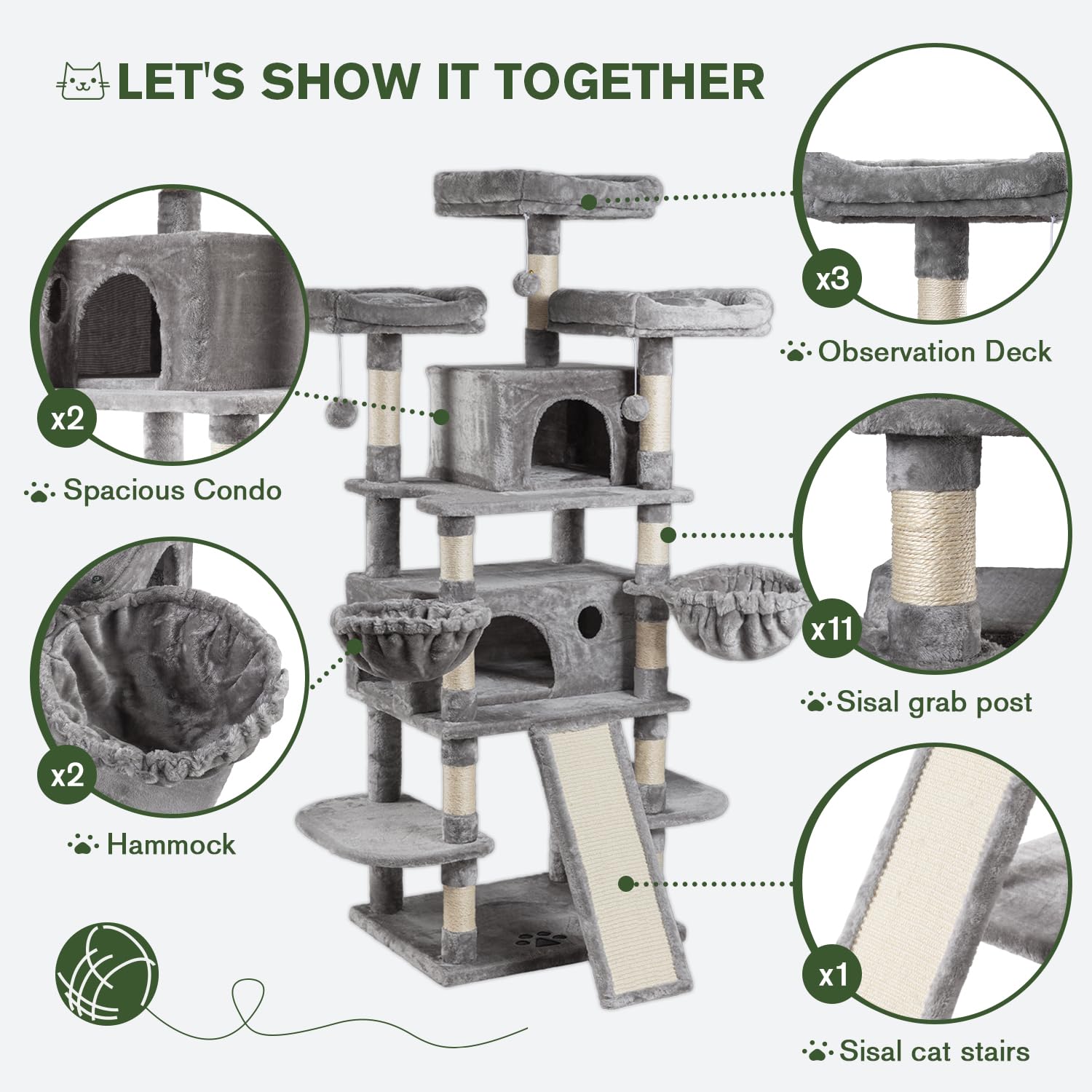 Imusee 68 Inches Multi-Level Cat Tree For Large Cats/Big Cat Tower With Cat Condo/Cozy Plush Perches/Sisal Scratching Posts And Hammocks/ Activity Center Play House/Grey