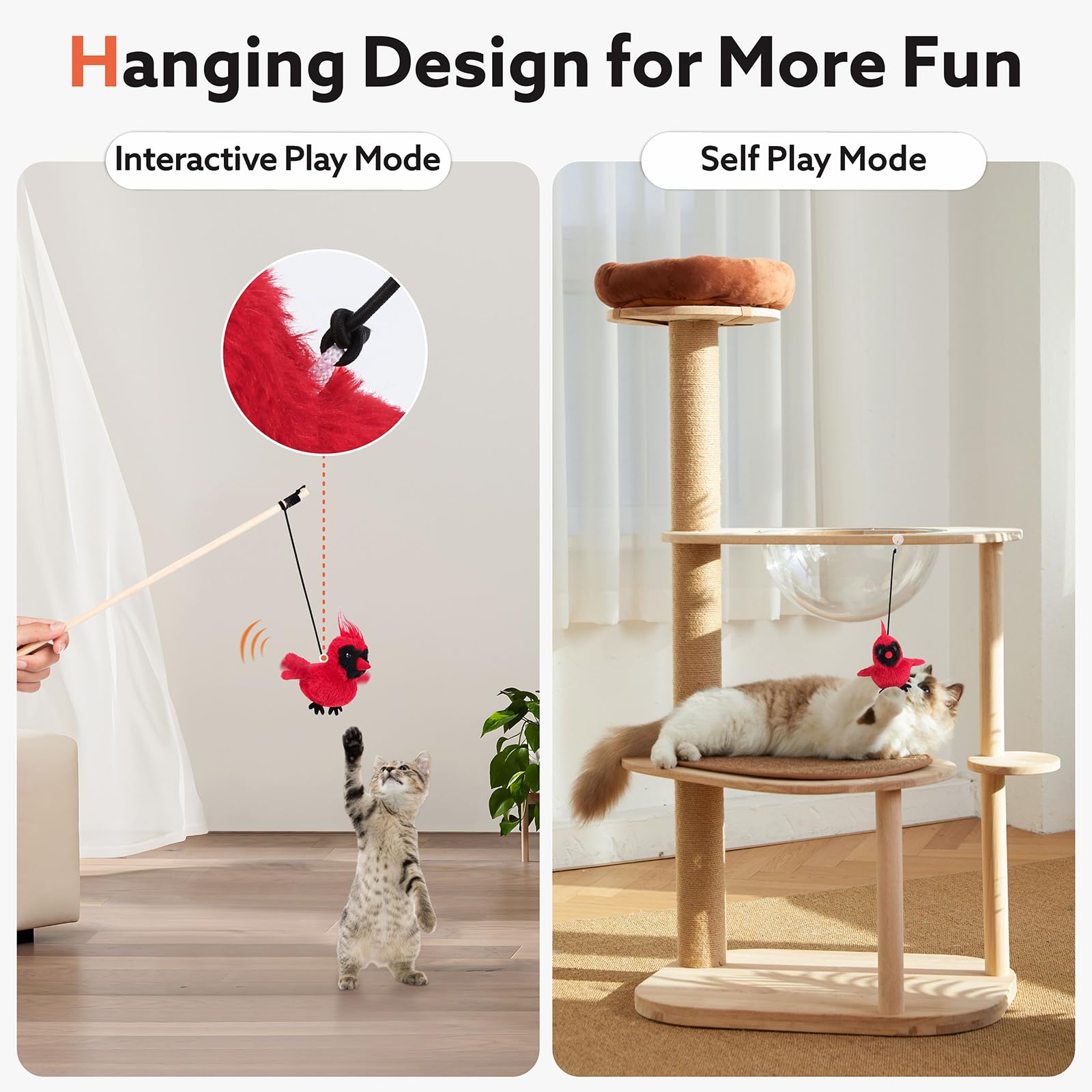 Aiperro Flapping Cardinal Cat Toys, Interactive Cat Exercise Toy With Lifelike Bird Chirp, Usb Rechargeable Automatic Cat Kicker