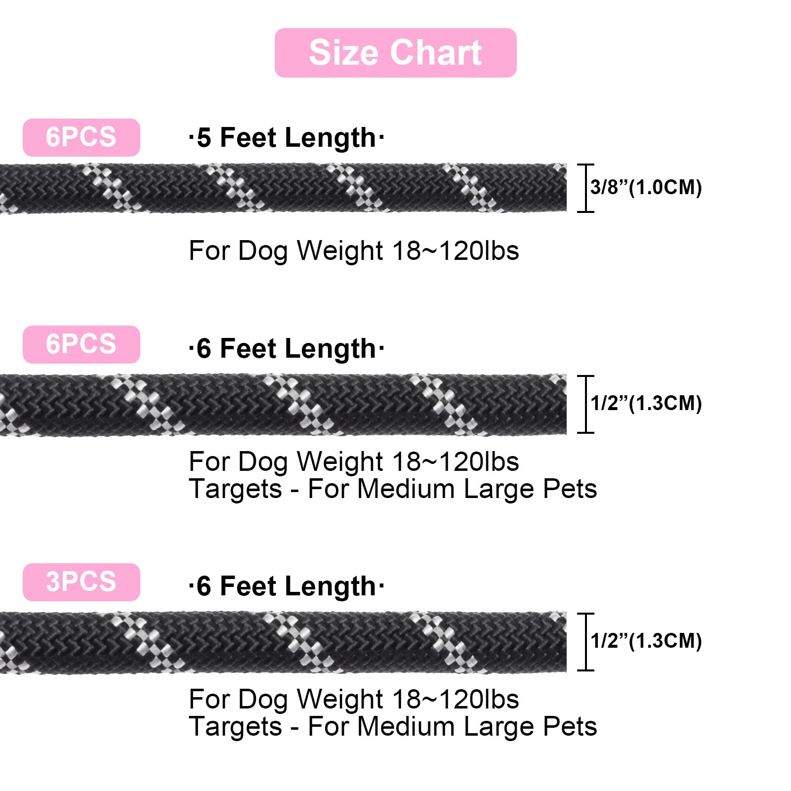 Beautyzoo Heavy Duty Rope Dog Leash 3 Pack, 6Ft Nylon Pet Leash With Reflective Thread, Soft Padded Handle Thick Lead Strong Dog