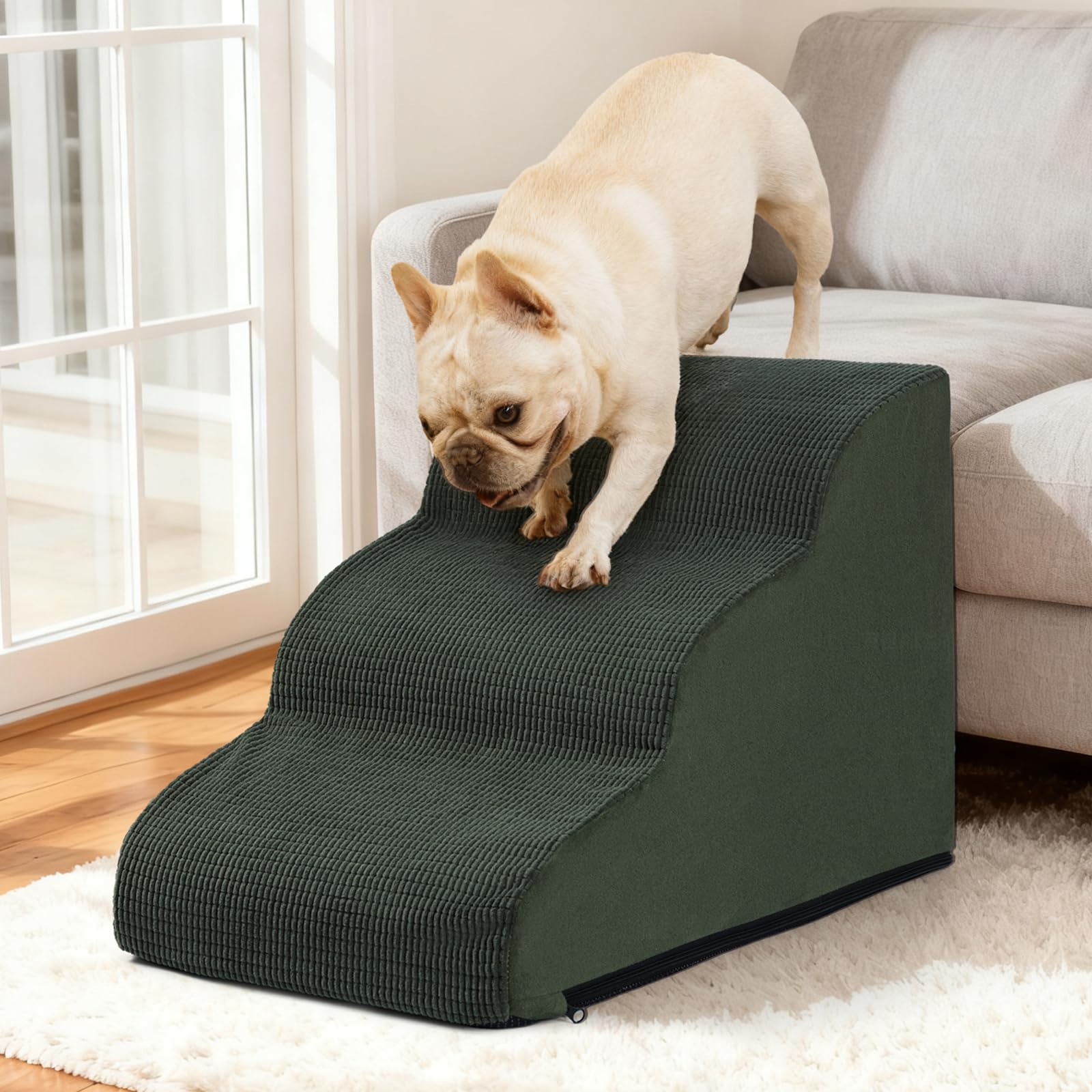 Aodisman 3-Step Dog Ramp and Stairs for Sofa and Chair - Non-Slip Sturdy Pet Steps for Small Dogs and Cats,15.7 H,Green