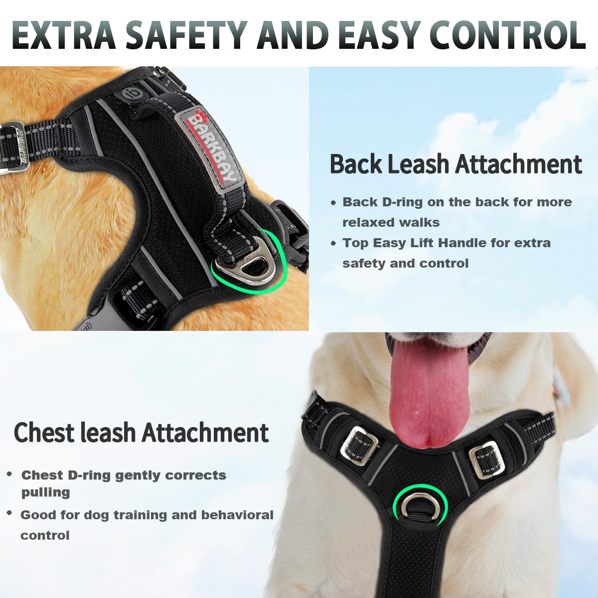 Barkbay No Pull Dog Harness 3 Buckles Large Reflective Dog Harness With Front Clip And Easy Control Handle For Walking Training