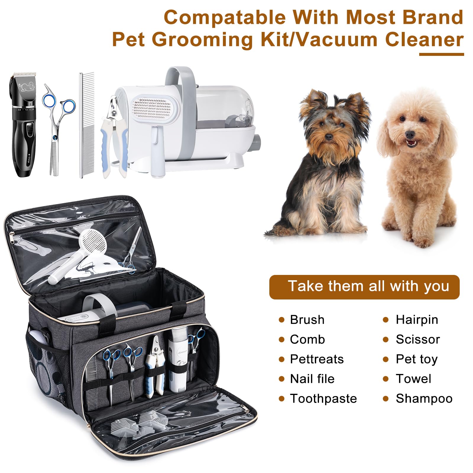 Babeyer Dog Grooming Vacuum Bag, Pet Grooming Kit Bag Perfect For Dog Hair Vacuum & Grooming Tool Kit Accessories- Grey