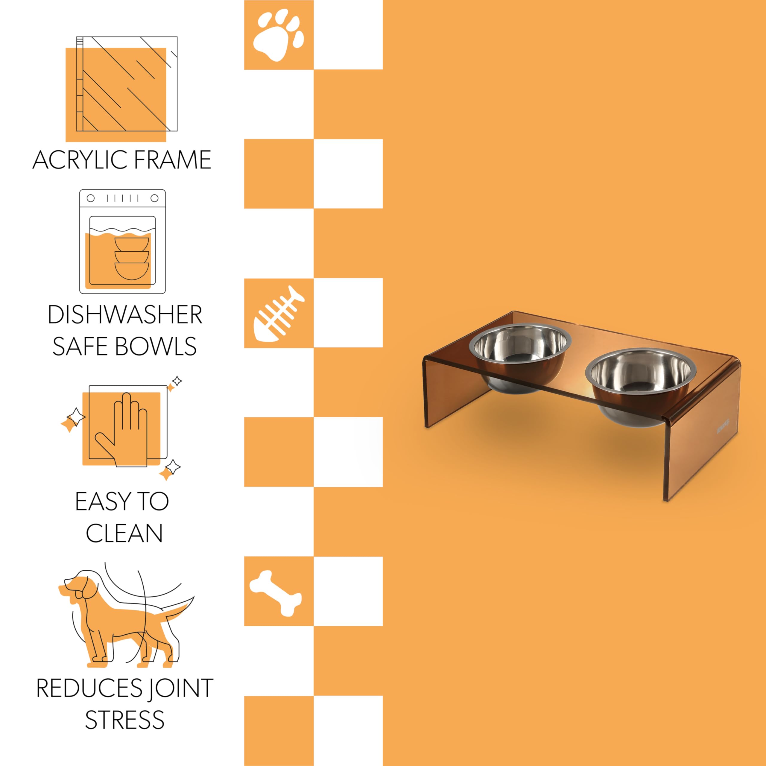 The LICKER Store DBL2000D Keaton 5 Small/Medium Modern Acrylic Rectangular Elevated Pet Feeder with 20oz 2-Stainless Steel Bowls
