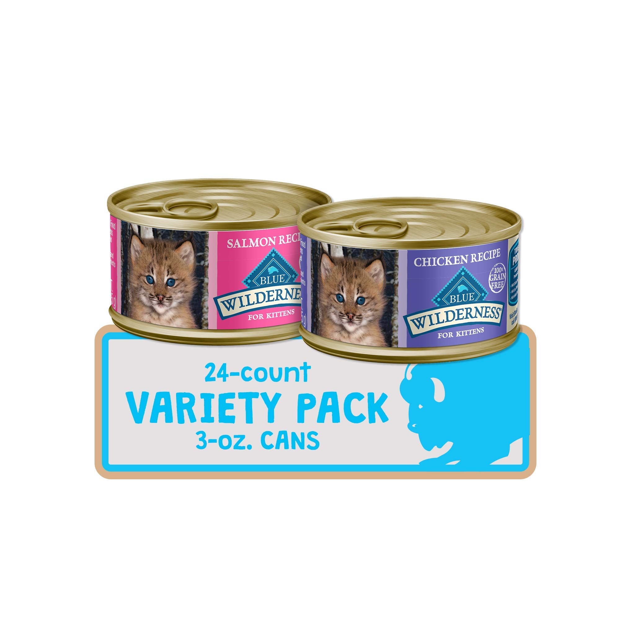 Blue Buffalo Wilderness High Protein Grain Free, Natural Kitten Pate Wet Cat Food Variety Pack, Chicken, Salmon, 3-oz Can, 24 Co