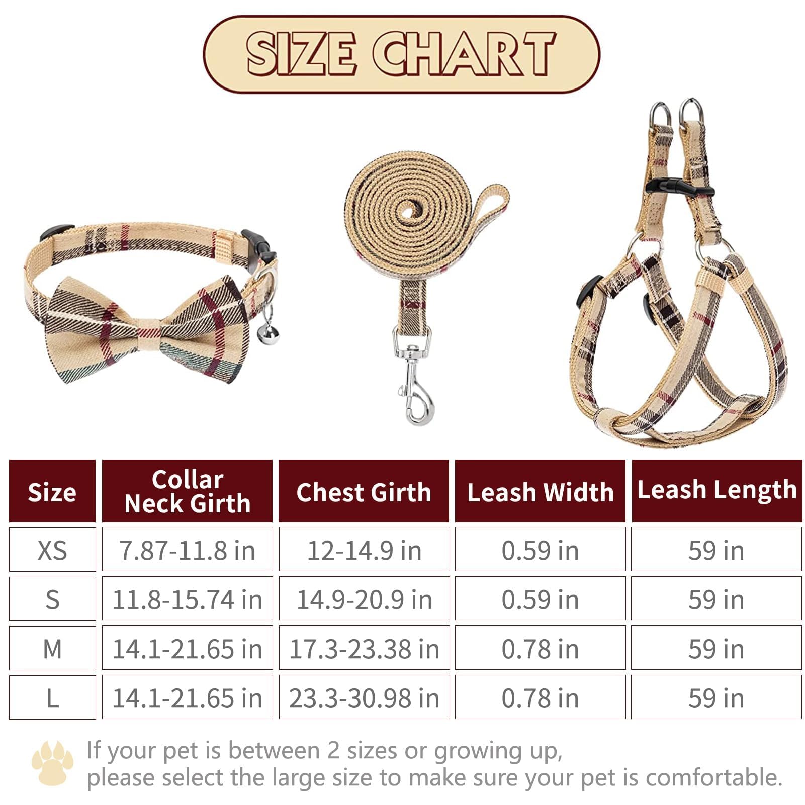 Bingpet Dog Harness Collar Leash Set,Adjustable No Pull Escape Proof Small Dog Harness,Classic Plaid Puppy Harness And Leash Set For Small Medium Large Dogs Training Easy Walk Running(Beige,S)