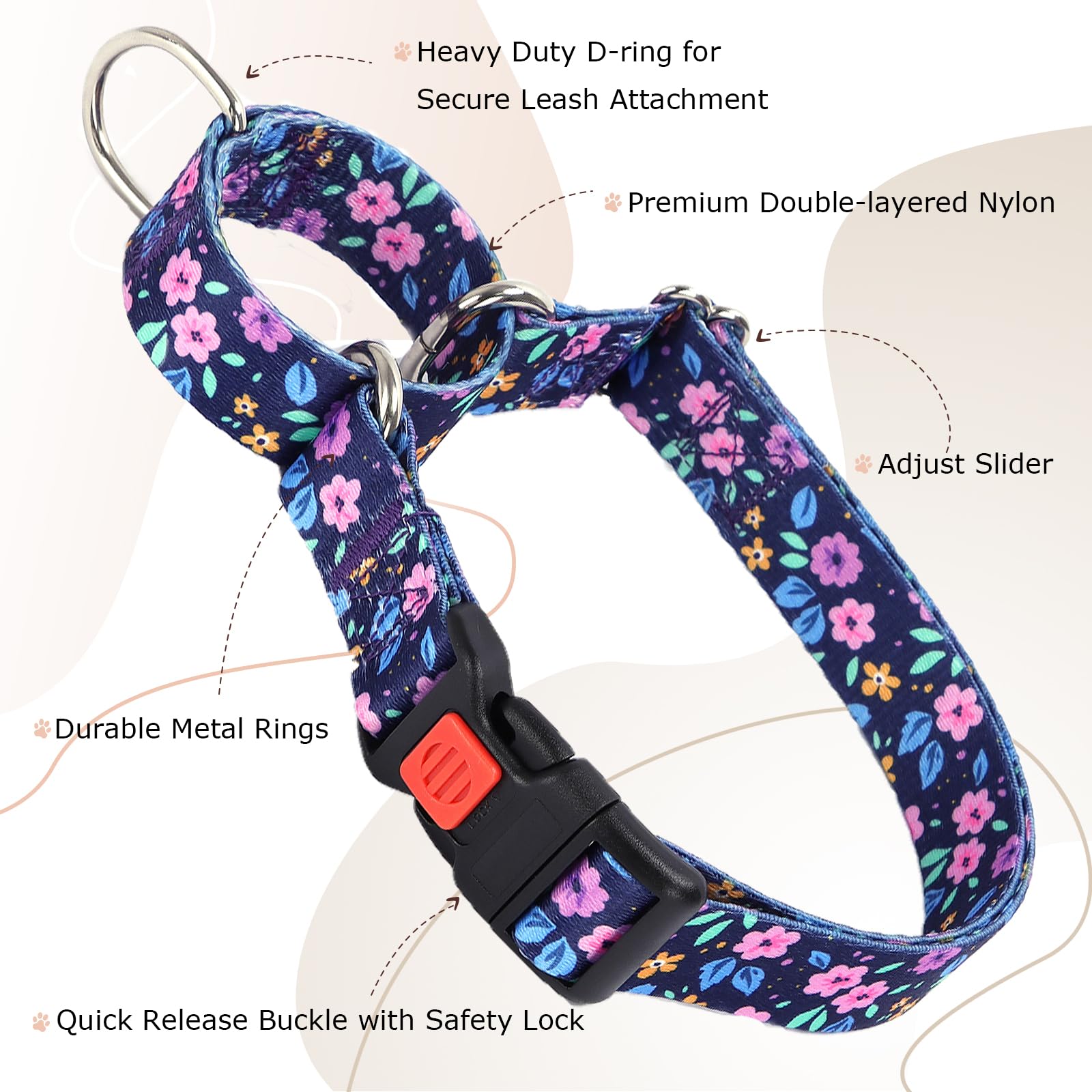 Martingale Collar For Medium Dogs, Heavy Duty Training Collars With Bull Flower Design, Adjustable No Slip Collar With Safety Bu
