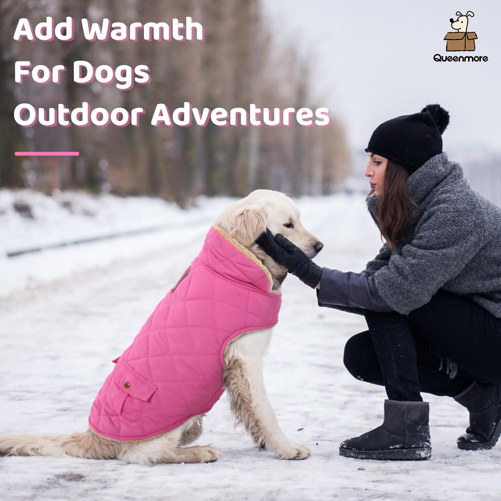 Queenmore Dog Winter Coat - Waterproof Fleece Jacket, Medium, Pink, Model 1067-QM-13488, Thick Warm Padding, Easy On Storage Pockets