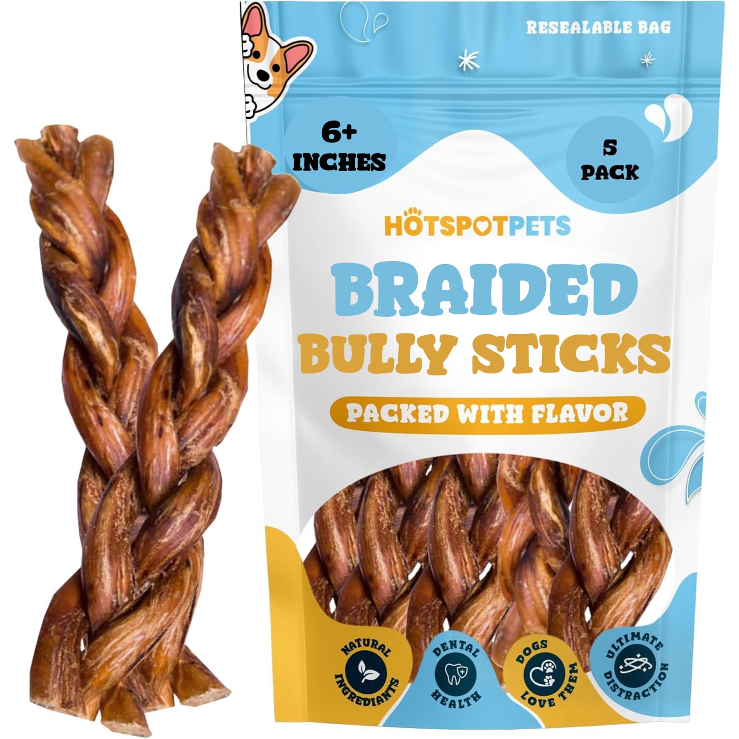 hotspot pets Braided Bully Sticks for Dogs -6 Inch Stix (5 Pack) Premium All Natural Long Lasting Twisted Beef Pizzle Dog Chews 