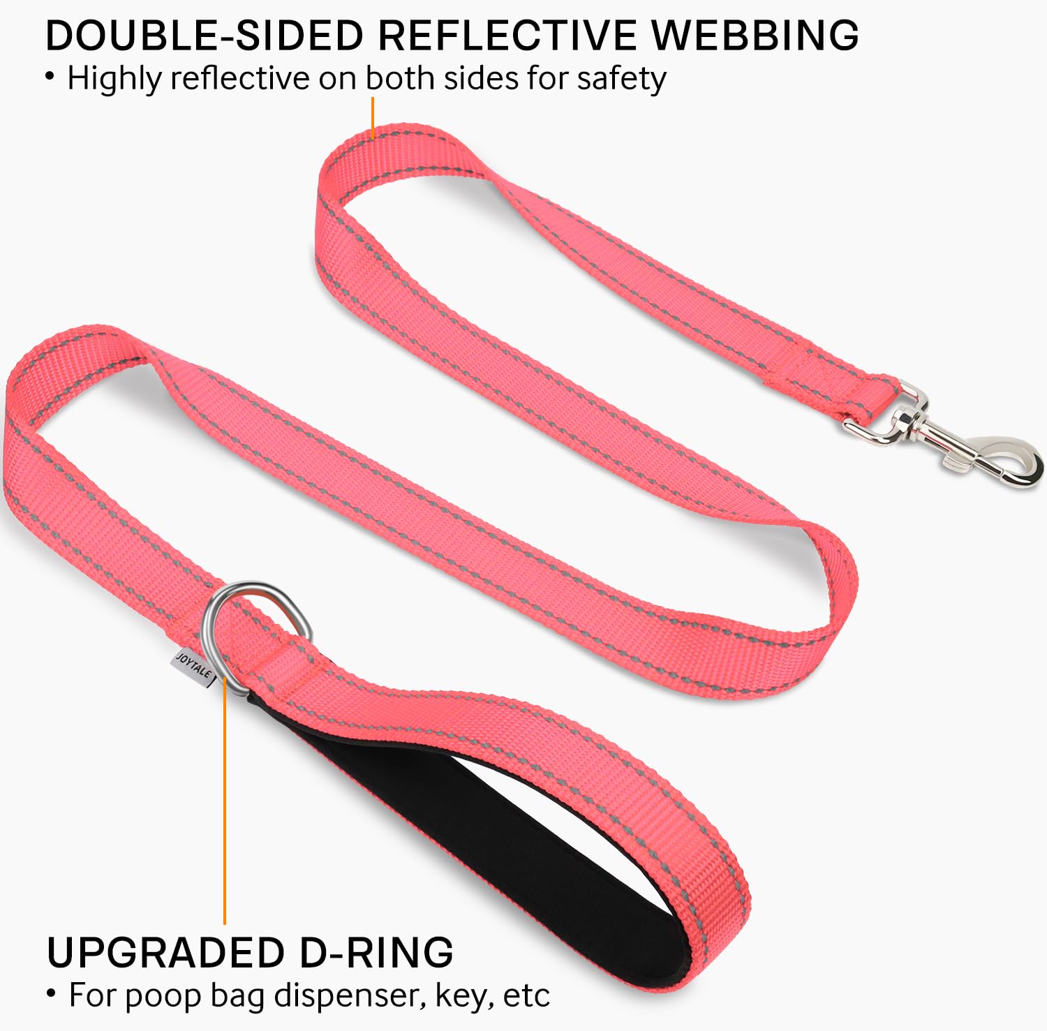 Joytale Double-Sided Reflective Dog Leash, 6 Ft/5 Ft/4 Ft, Padded Handle Nylon Dogs Leashes For Medium & Large Dogs Walking, Pin