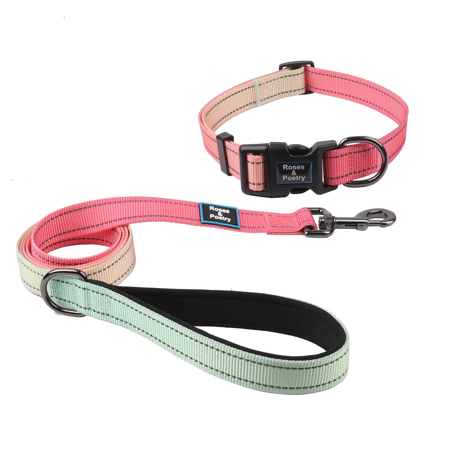 Roses&Poetry Pink Small Dog Collar And Leash Set, Reflective Puppy Leash And Collar Sets, Adjustable Durable Collars With Leashe