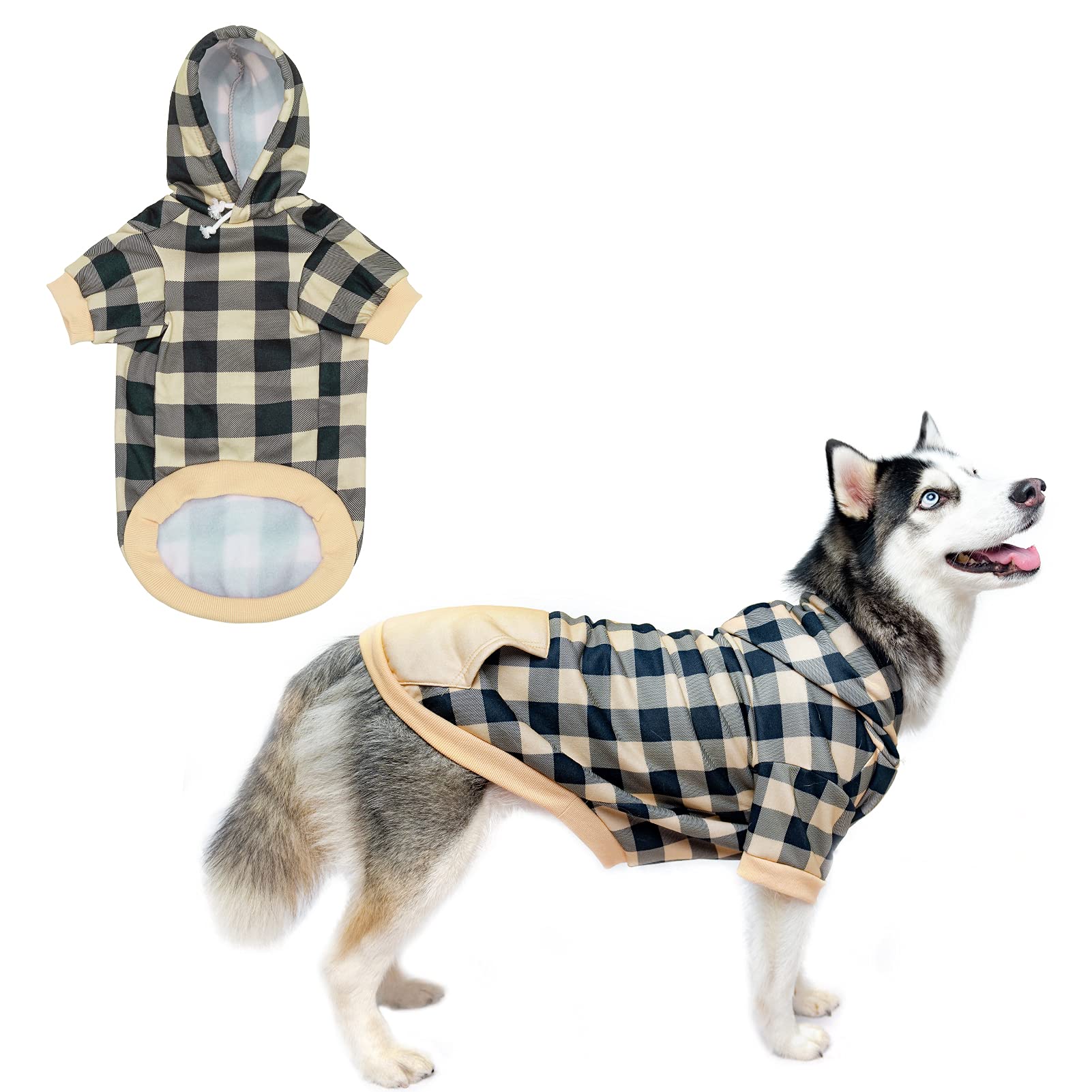 Plaid Dog Hoodie Pet Clothes Sweaters With Hat Beige Large (Pack Of 1)