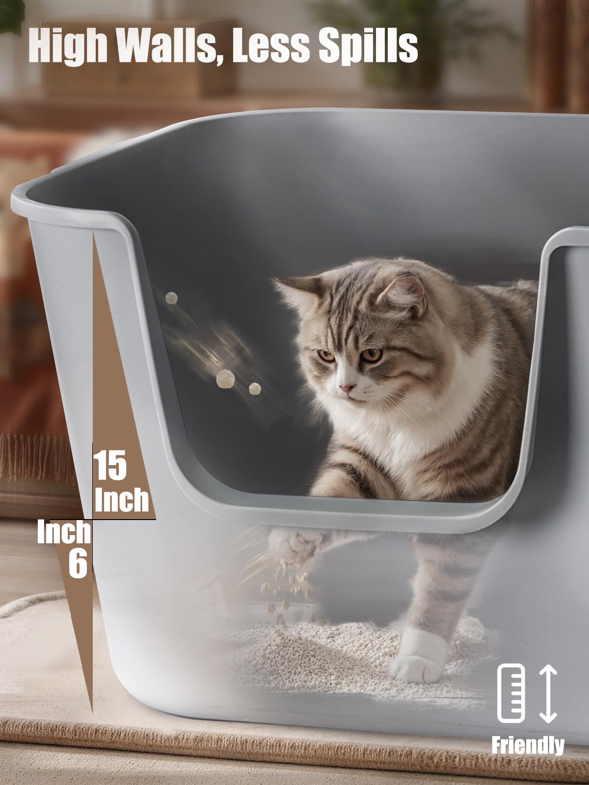 Livlab Open Top Cat Litter Box - 24.6' X 16.7' X 12.7' High Sided Litter Box For Large Cats, Low Entry For Kittens, Durable B