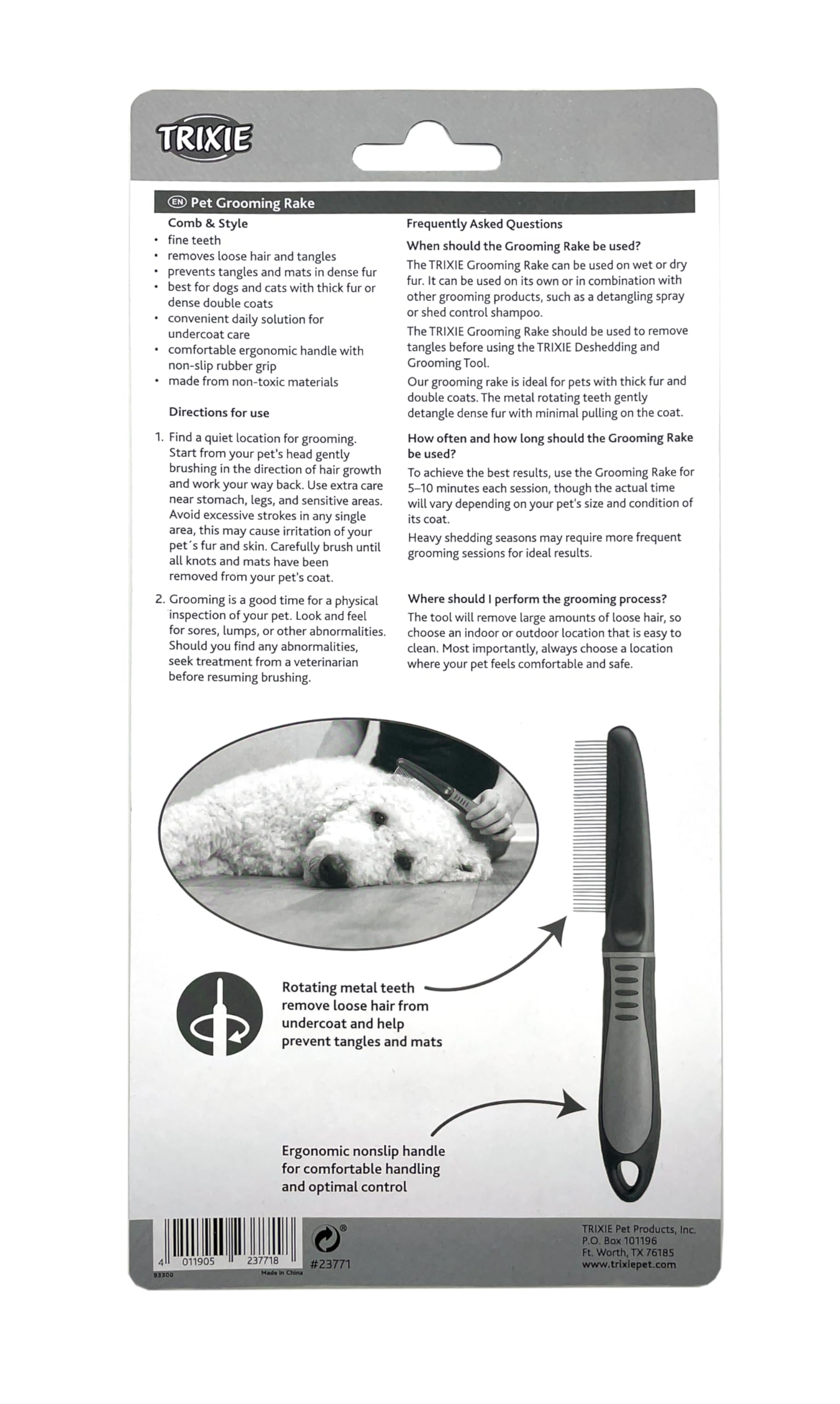 Trixie Pet Grooming Rake, Fine Tooth, For Dogs And Cats, Rotating Teeth Removes Loose Hair, Tangles, And Mats, 8.7'' (22Cm)