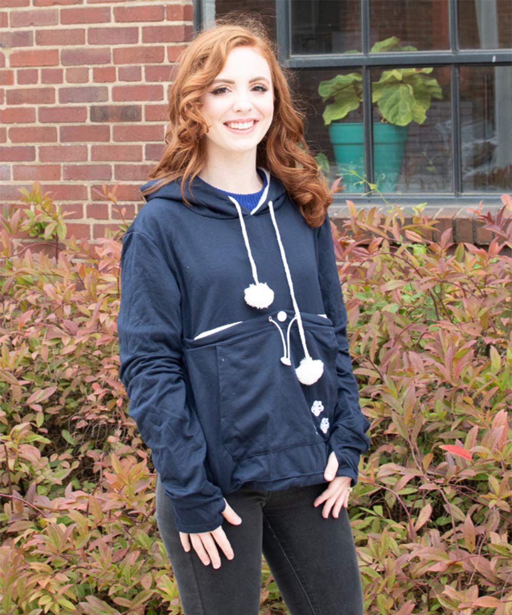 Unisex Big Pouch Hoodie Long Sleeve Pet Dog Holder Carrier Sweatshirt (Large, Navy Blue)
