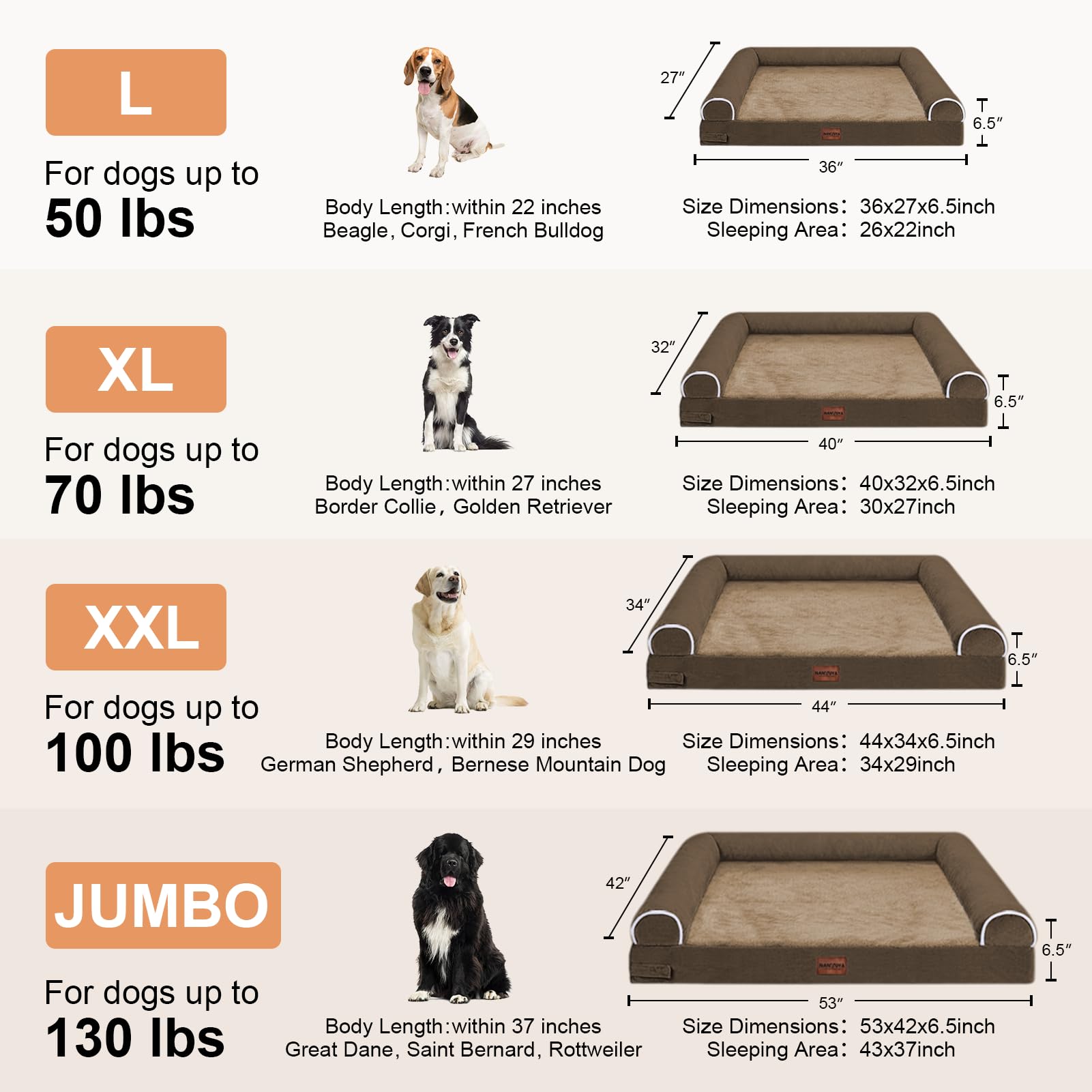 NANUYA Large Orthopedic Dog Bed, Memory Foam, Waterproof, Washable, Brown, 44"L x 34"W x 6.5"Th, Removable Cover for Big Dogs