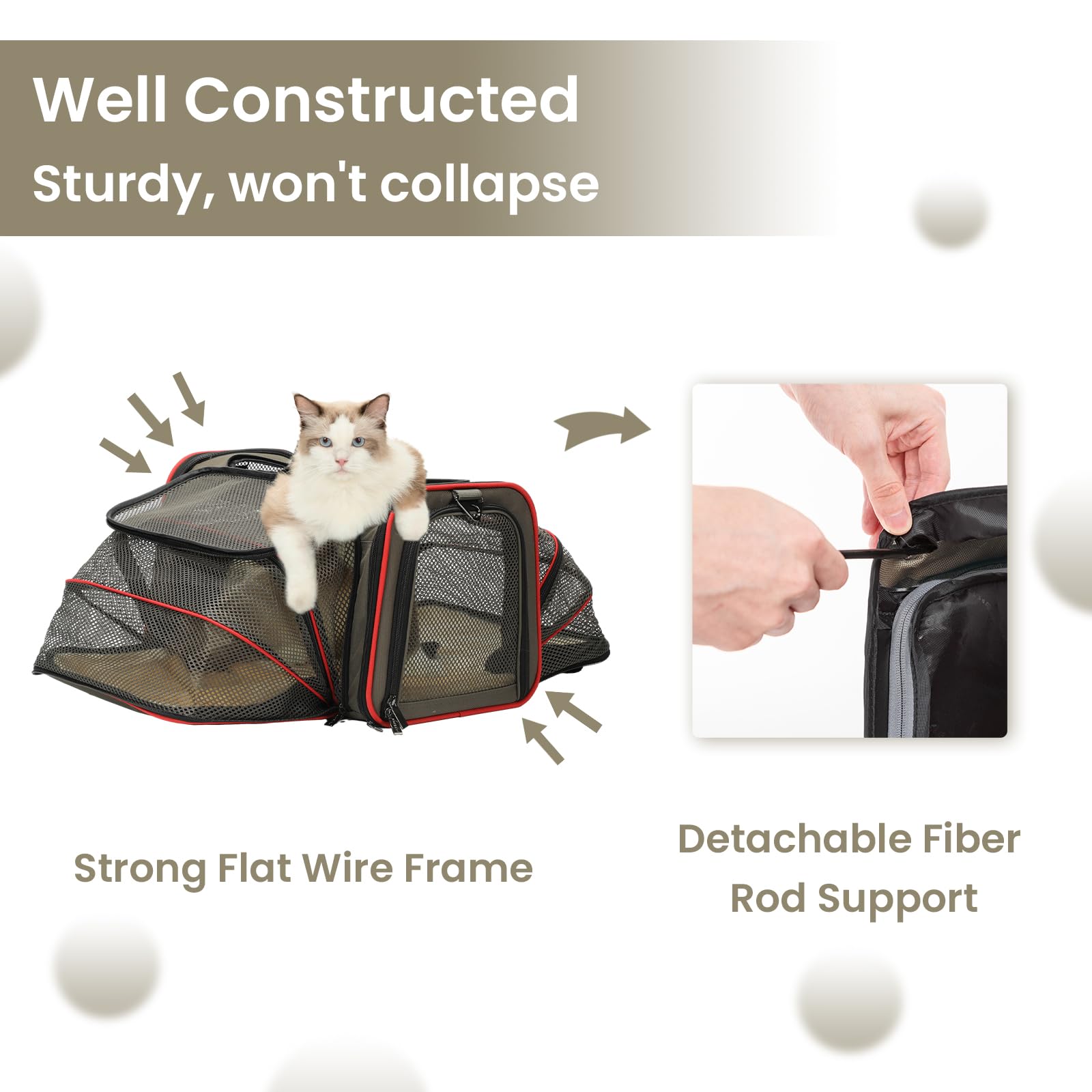 Petsfit Expandable Pet Carrier for 2 Cats, 19"x12"x12", Gray Brown, Soft Cushion, Safety Rope, Model 6734719