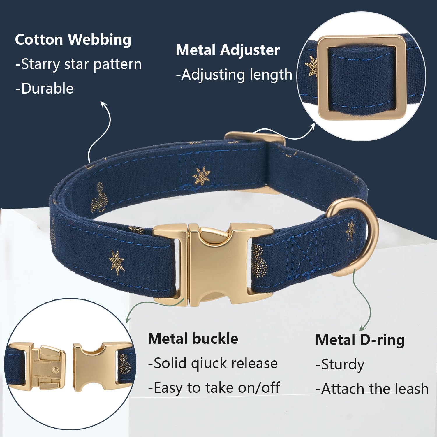 Ewinoom Cotton Dog Collar With Metal Buckle Adjustable Soft Dog Collars With Gold Star For Small Medium Large Dogs,Dark Blue,Sma