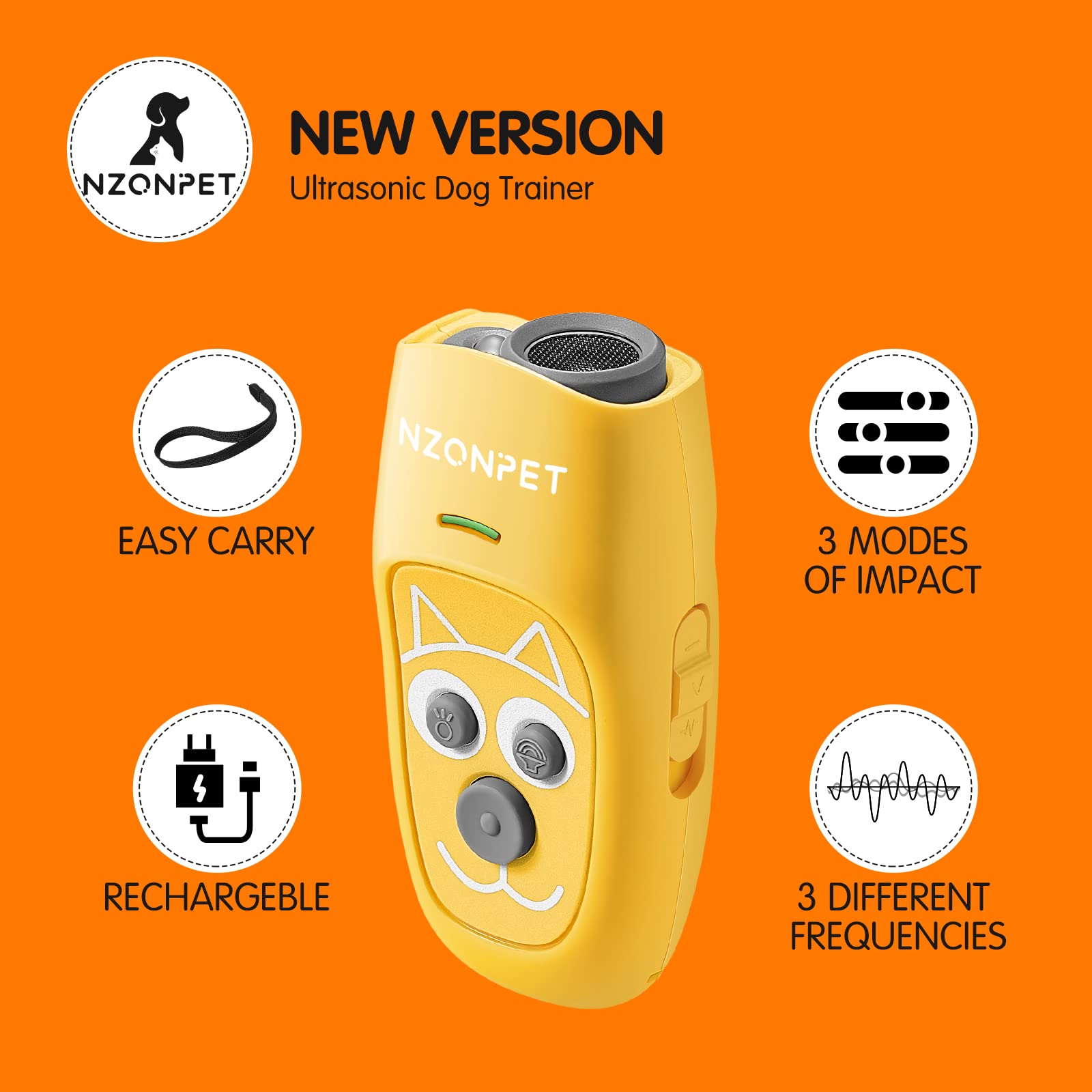 Nzonpet Anti Barking Device, Ultrasonic 3 In 1 Dog Barking Deterrent Devices, 3 Frequency Dog Training And Bark Control 16.4Ft Range Rechargeable With Led Light And Wrist Strap Yellow