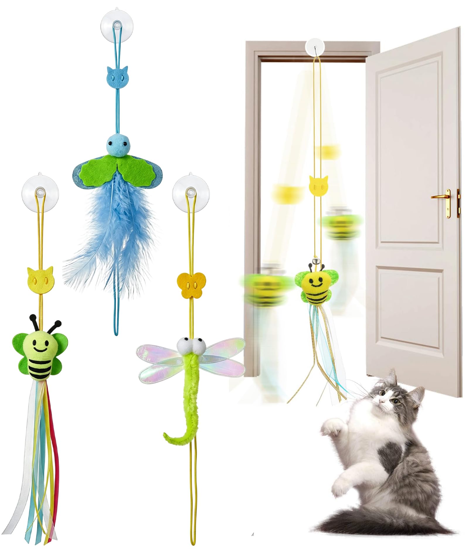 Aeenioy 3Pcs Interactive Cat Feather Toys, Indoor Hanging Retractable Cat Toy, Self Play Toys Make Fun Excecise
