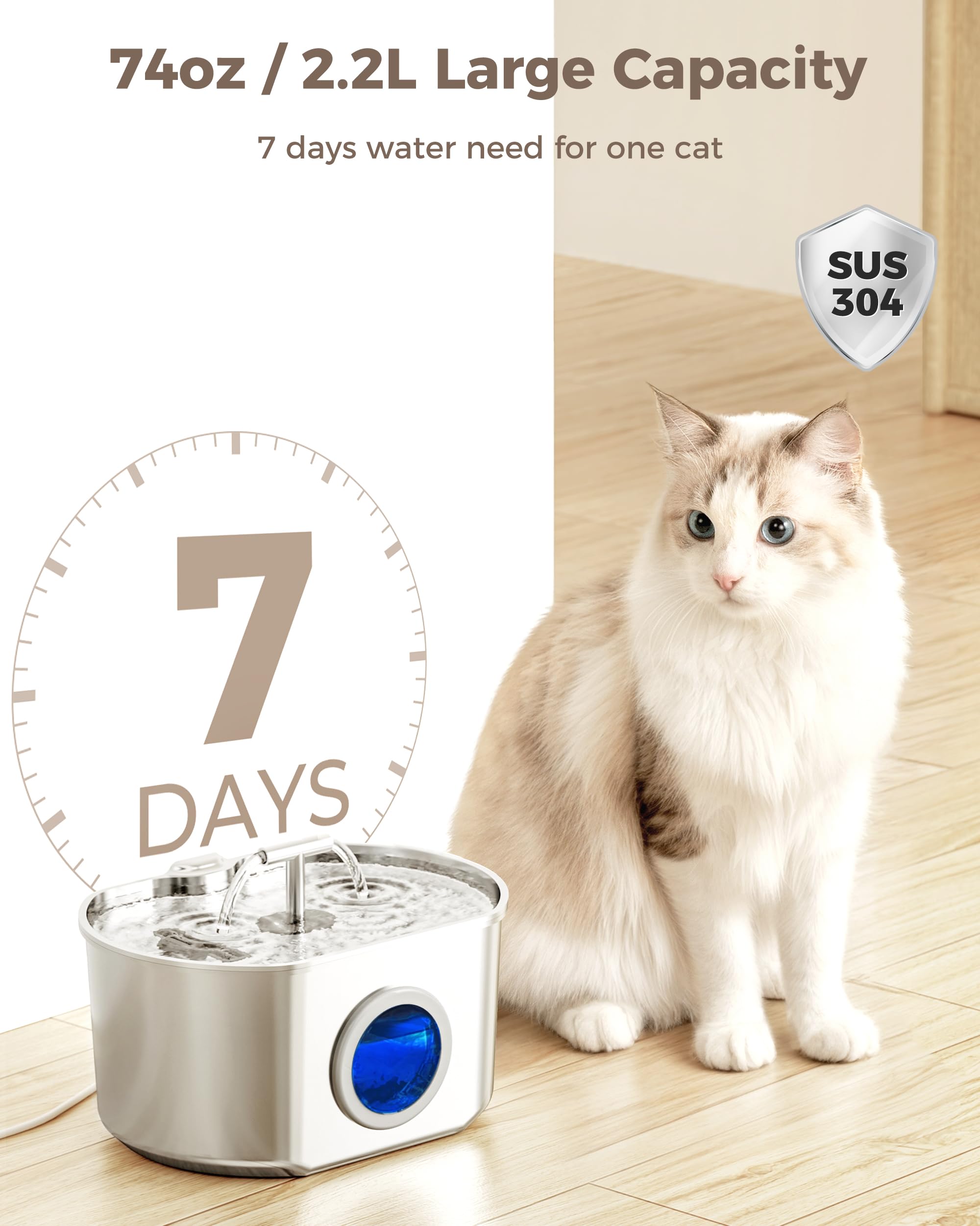 Cat Water Fountain Stainless Steel - Pet Drinking Fountain for Cats Indoor - 2.2L/74oz Automatic Water Dispenser with Watering L