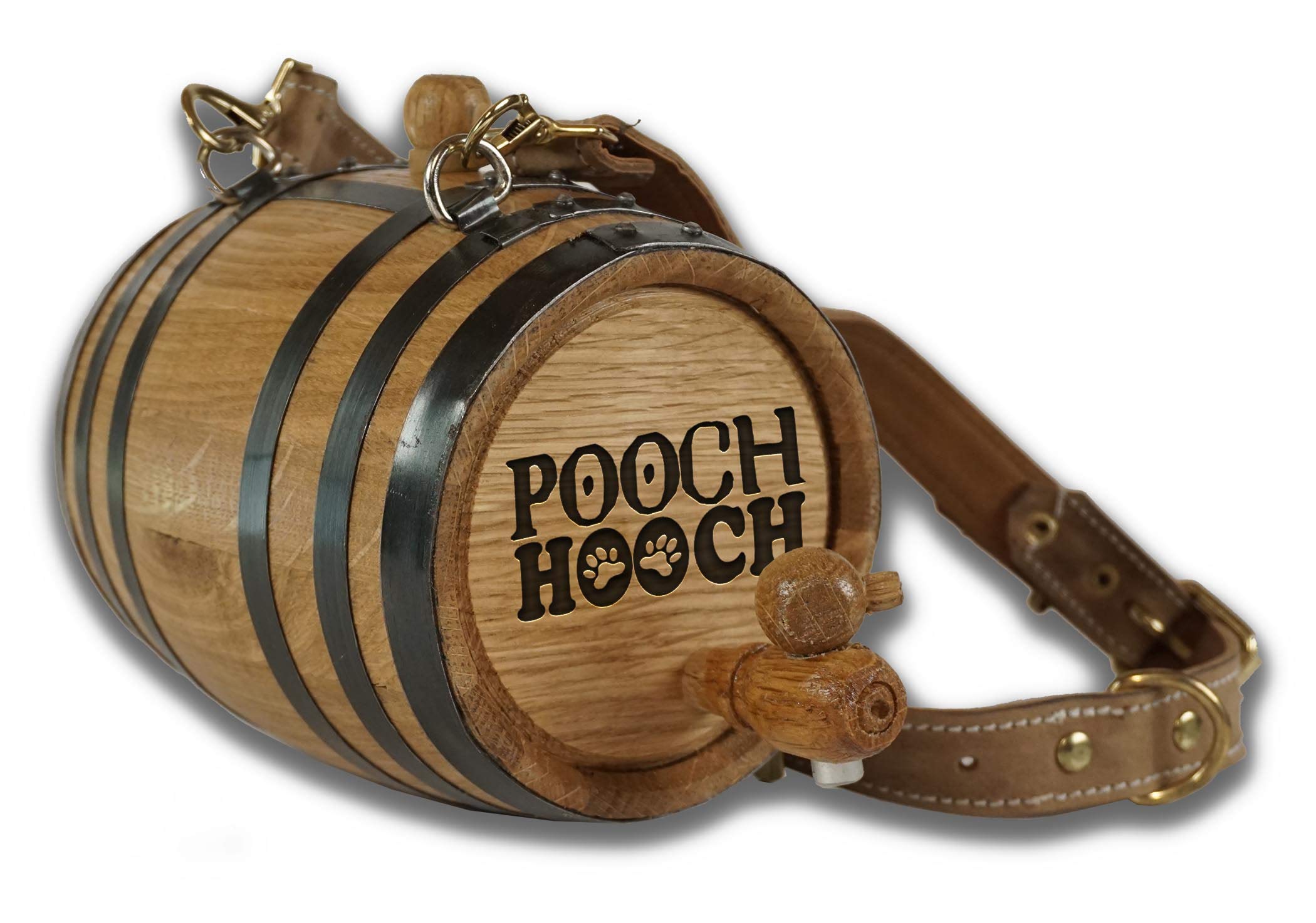 St Bernard Whiskey Barrel Collar For Dog, 'Pooch Hooch' W/ Paws Design - 1/2 Liter Oak Aging Barrel Dispenser For Saint Bernard 