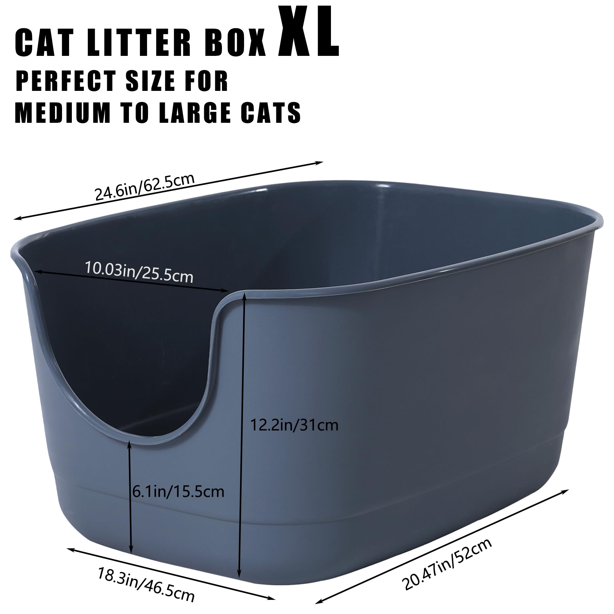 Gefryco Jumbo Extra Large Cat Litter Box - High Sided, Anti-Splashing, Grey, 24.6"x18.3"x12.2" - X-Large Polypropylene