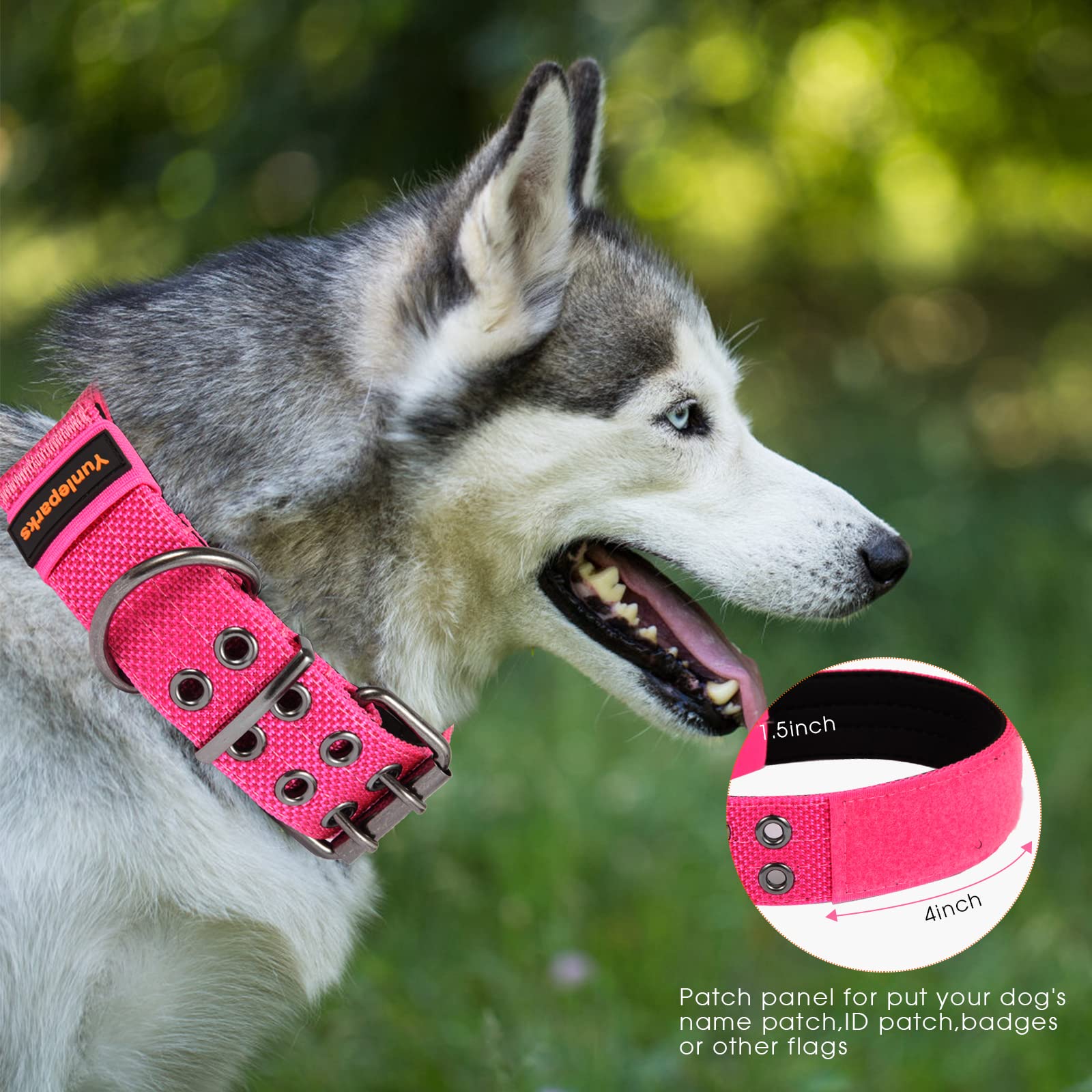 Yunleparks Tactical Collar For Medium Large Dogs, Heavy Duty Metal Buckle, Soft Neoprene Padded, Nylon Wide(X-Large, Pink)
