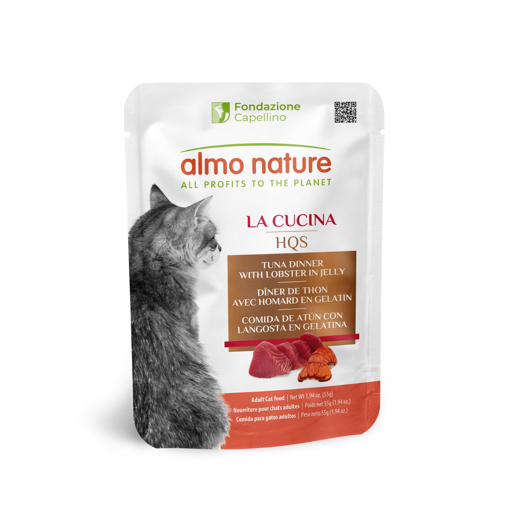 Almo Nature HQS La Cucina Tuna with Lobster in Jelly, Grain Free, Additive Free, Adult Cat Wet Food, Shredded, Pouches, 24 x 55g