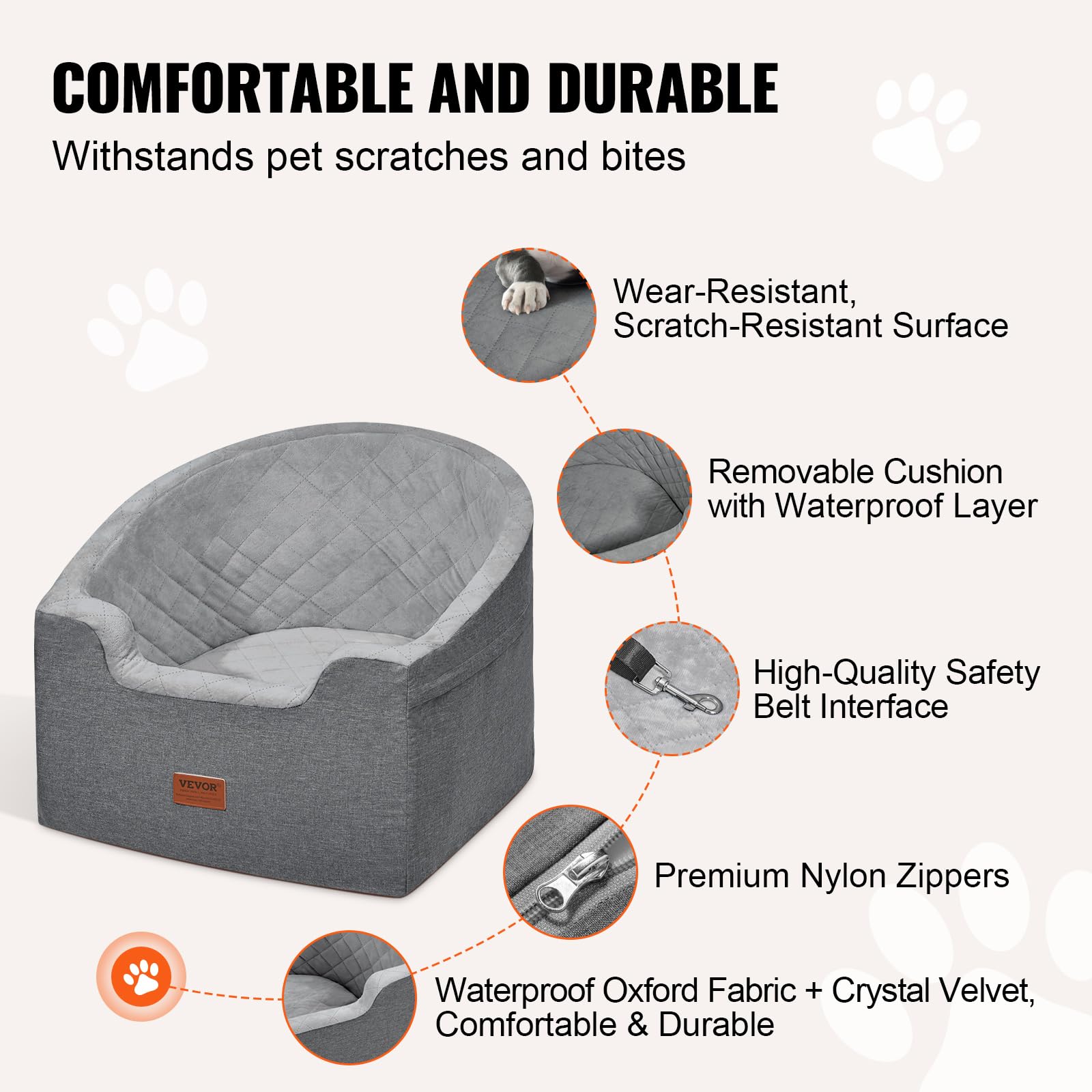 VEVOR Dog Car Seat, Waterproof Booster Seat for Small/Medium Dogs up to 55lbs, Dark Gray, Oxford Fabric with Sponge Filling, Model JBS-PCS-006
