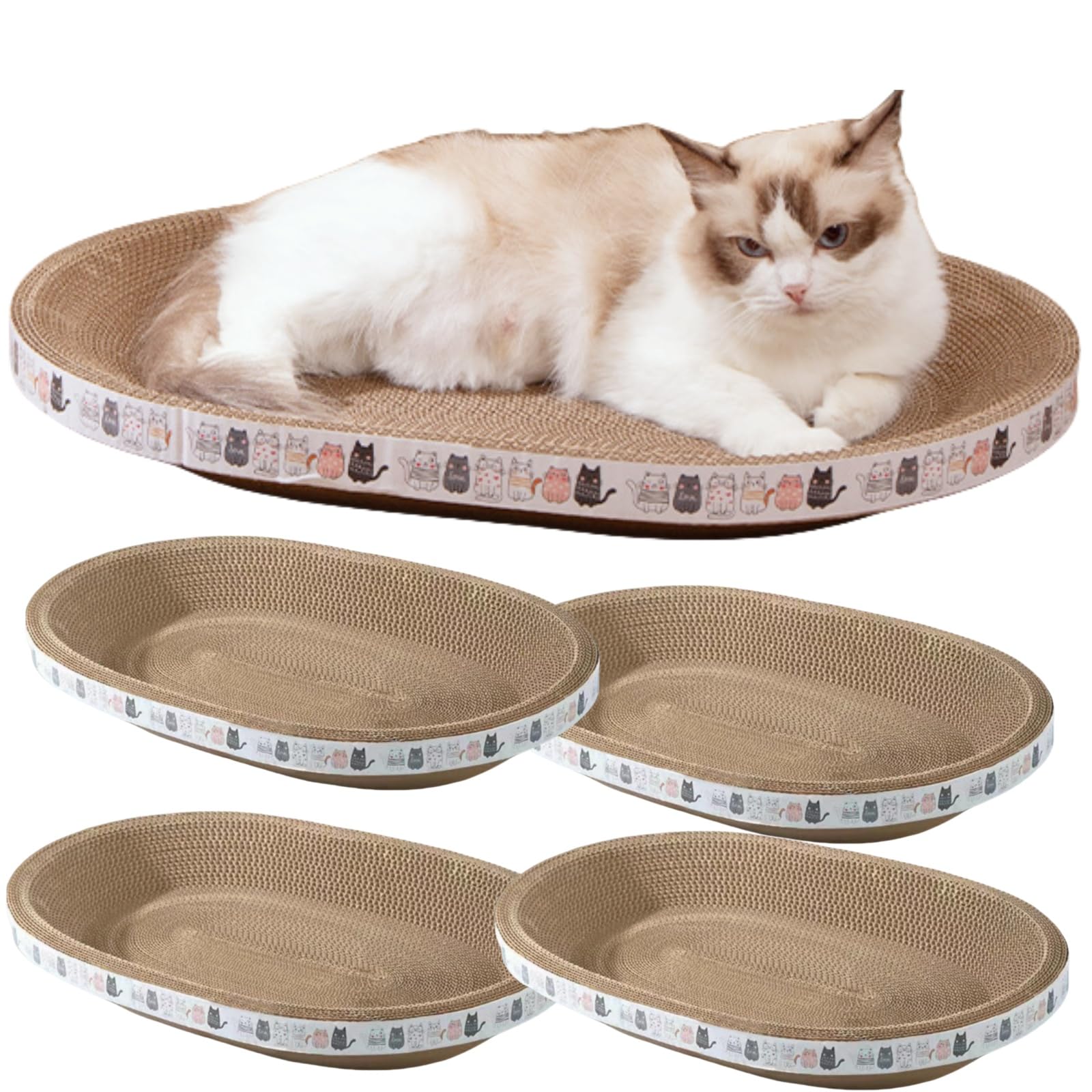 Spindro 4 Pack Large Cat Scratcher Cardboard, Oval Cat Scratcher Bed Scratch Pad Board Lounge Couch Cats Bowl Shaped Scratching 