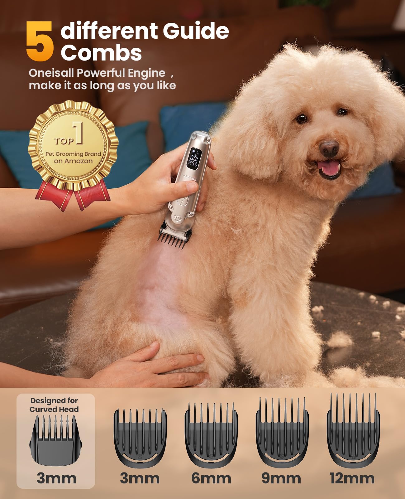 oneisall Small Dog Clippers - 4-in-1 Cordless Grooming Kit, Low Noise, 7000 RPM, Waterproof, Silver, Model FC09