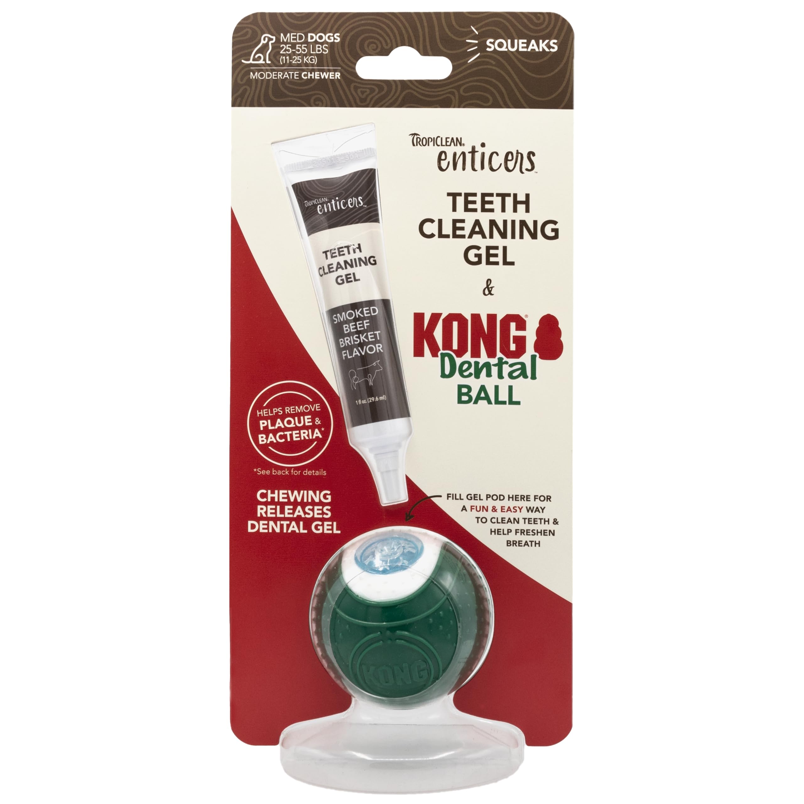Tropiclean Enticers Kong Dental Ball Kit For Medium Dogs | Teeth Cleaning Gel | Smoked Beef Brisket Flavor | 1 Oz.