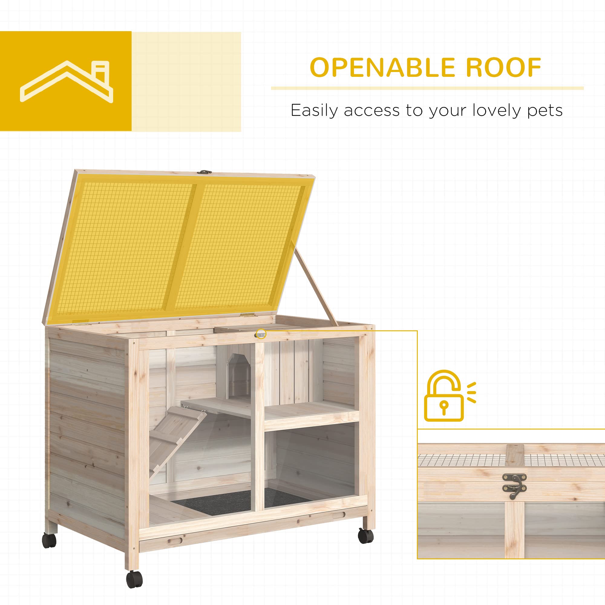 PawHut Indoor Rabbit Hutch with Wheels, 36"L x 21"W, Natural Fir Wood, Model D51-124ND, Waterproof Small Cage