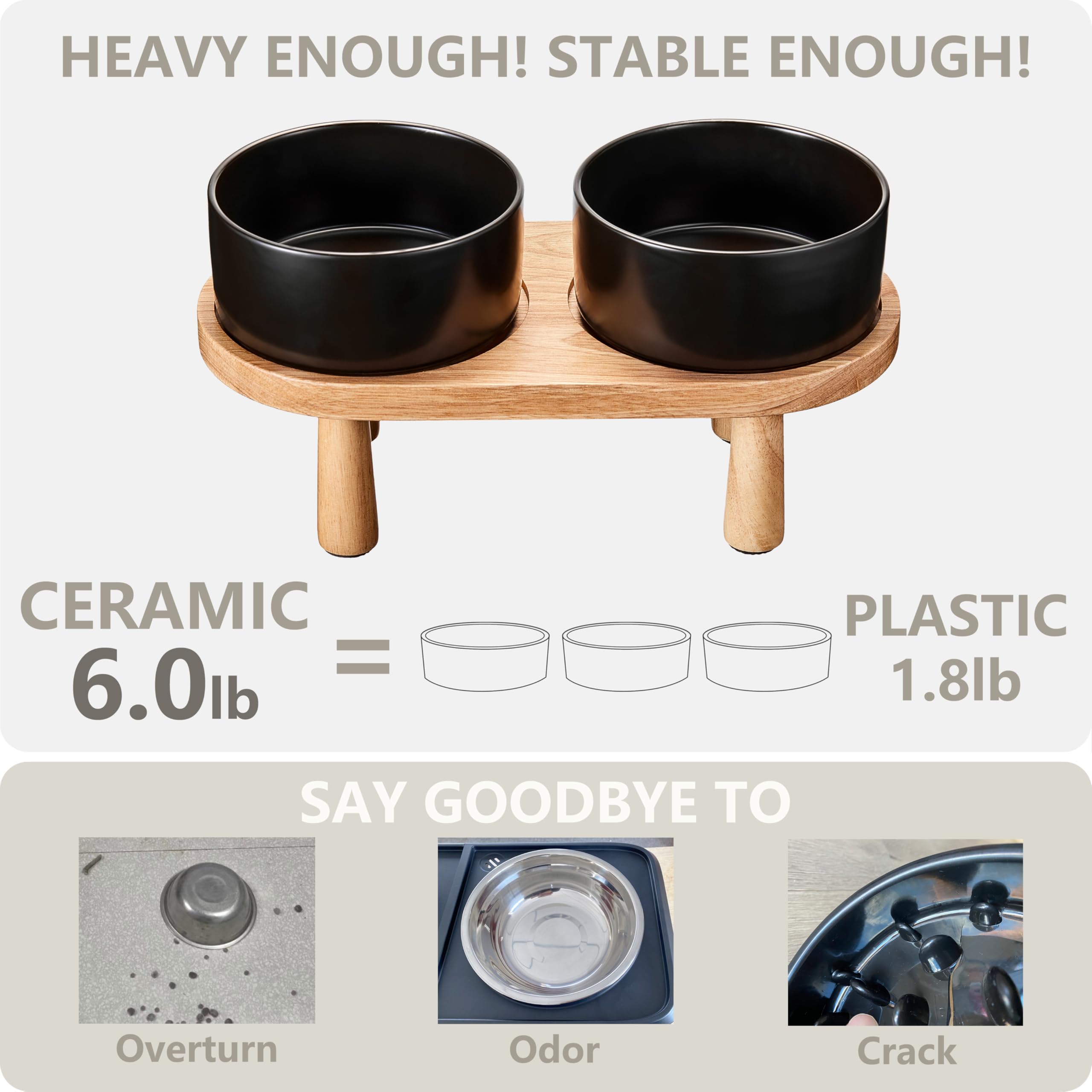 MOPANG Ceramic Elevated Dog Bowls Set, 3.5 Cups with Wood Stand, Black, for Medium & Small Dogs