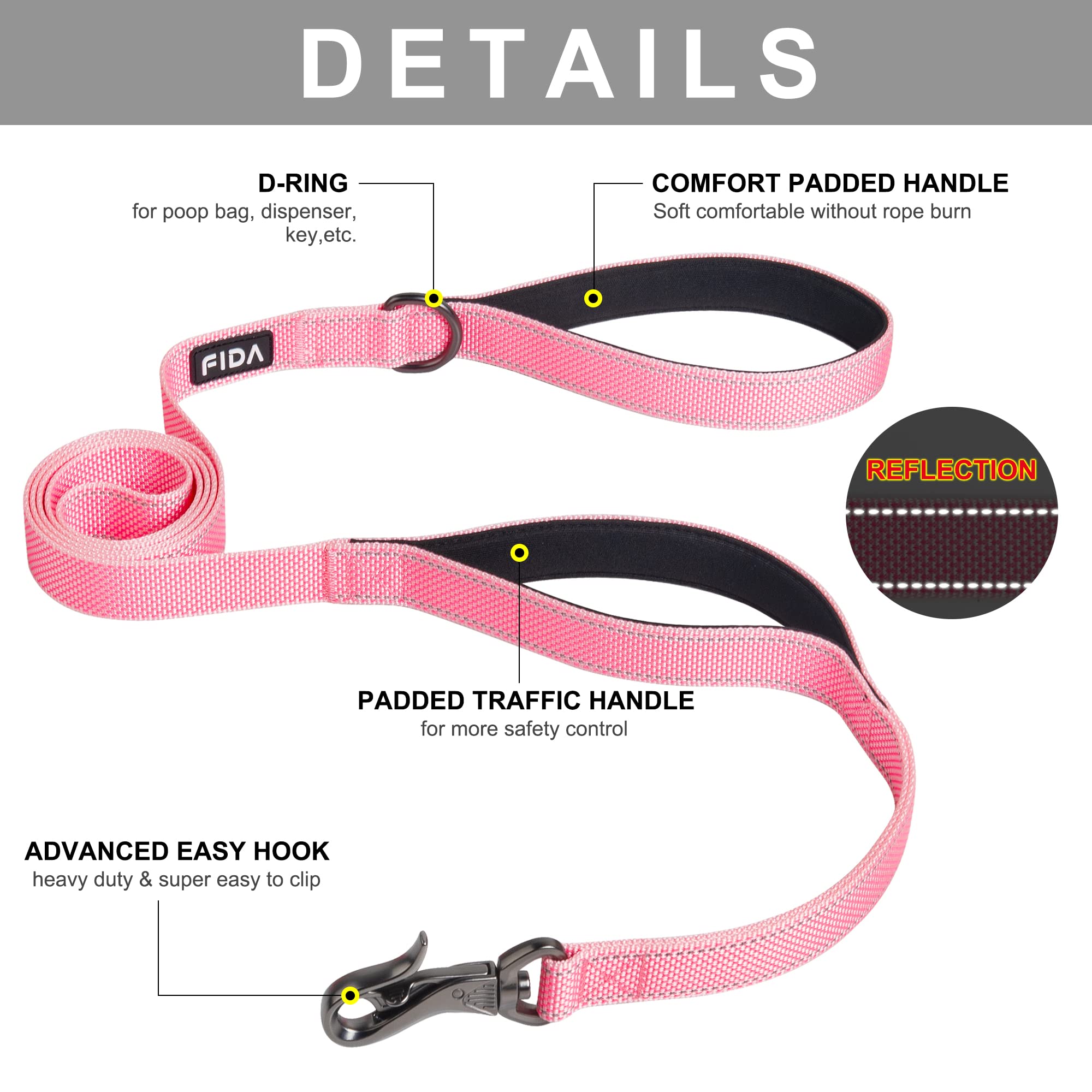 Fida 6 Ft Heavy Duty Dog Leash With 2 Comfortable Padded Handles, Traffic Handle & Advanced Easy Snap Hook, Reflective Walking Lead For Large, Medium & Small Breed, Pink