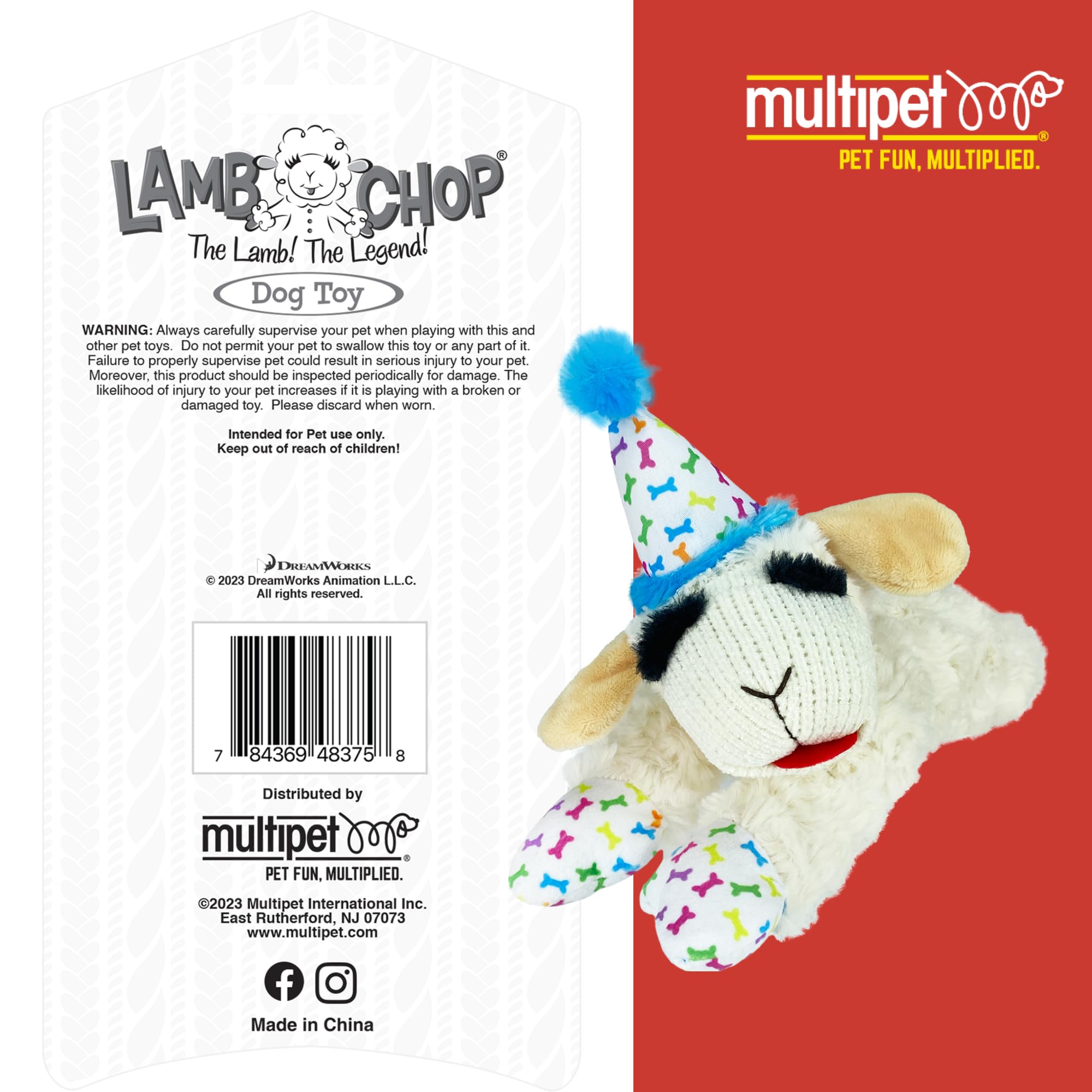 Multipet Lamb Chop Plush Toy - Squeaky Dog Birthday Hat - Soft, Cute, Playing Dog Toy (10.5', Blue Hat, 5 Squeakers)