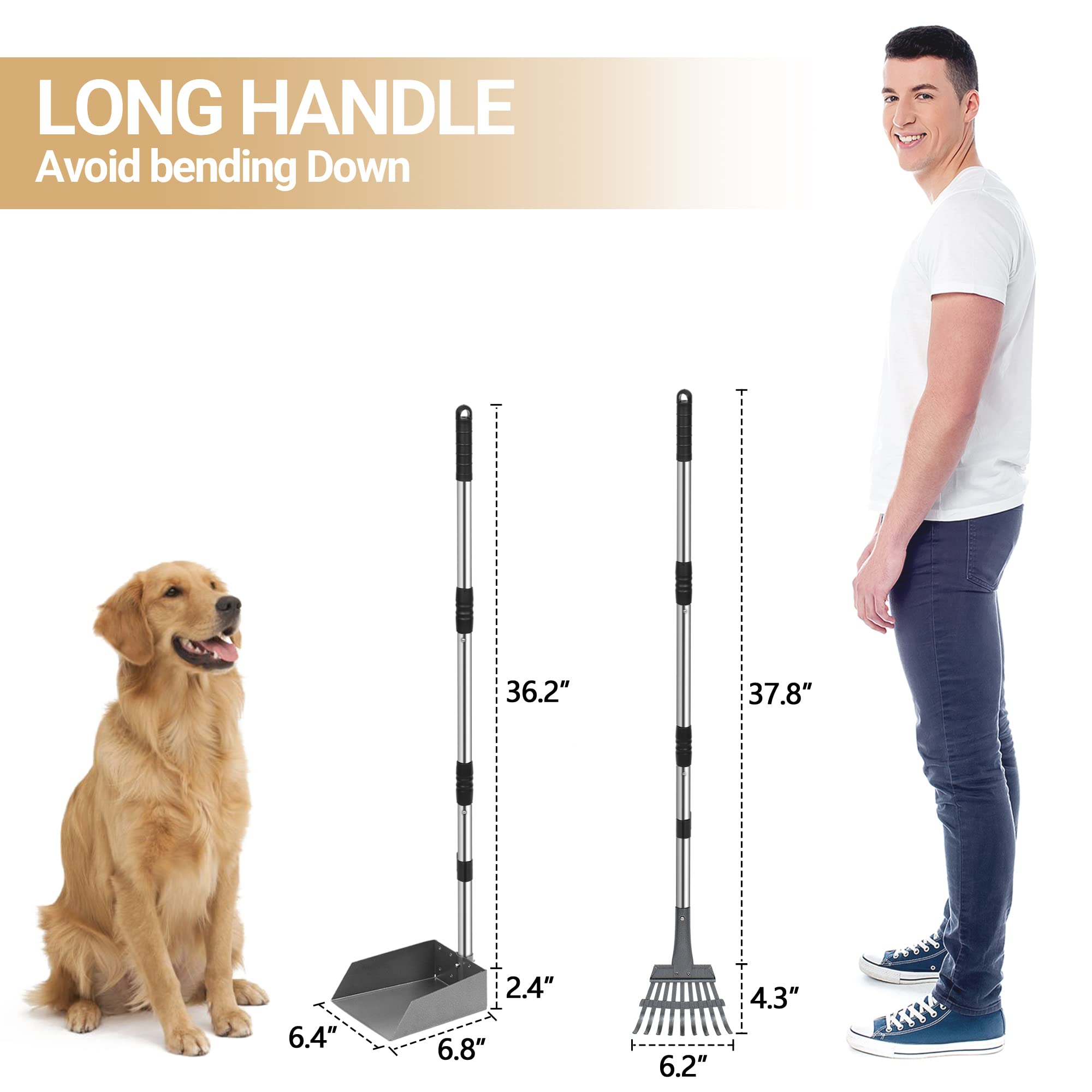 Heeyoo Dog Pooper Scooper, Dog Poop Tray and Rake Set, Pet Waste Removal Scoop with Long Adjustable Sectional Stainless Handles
