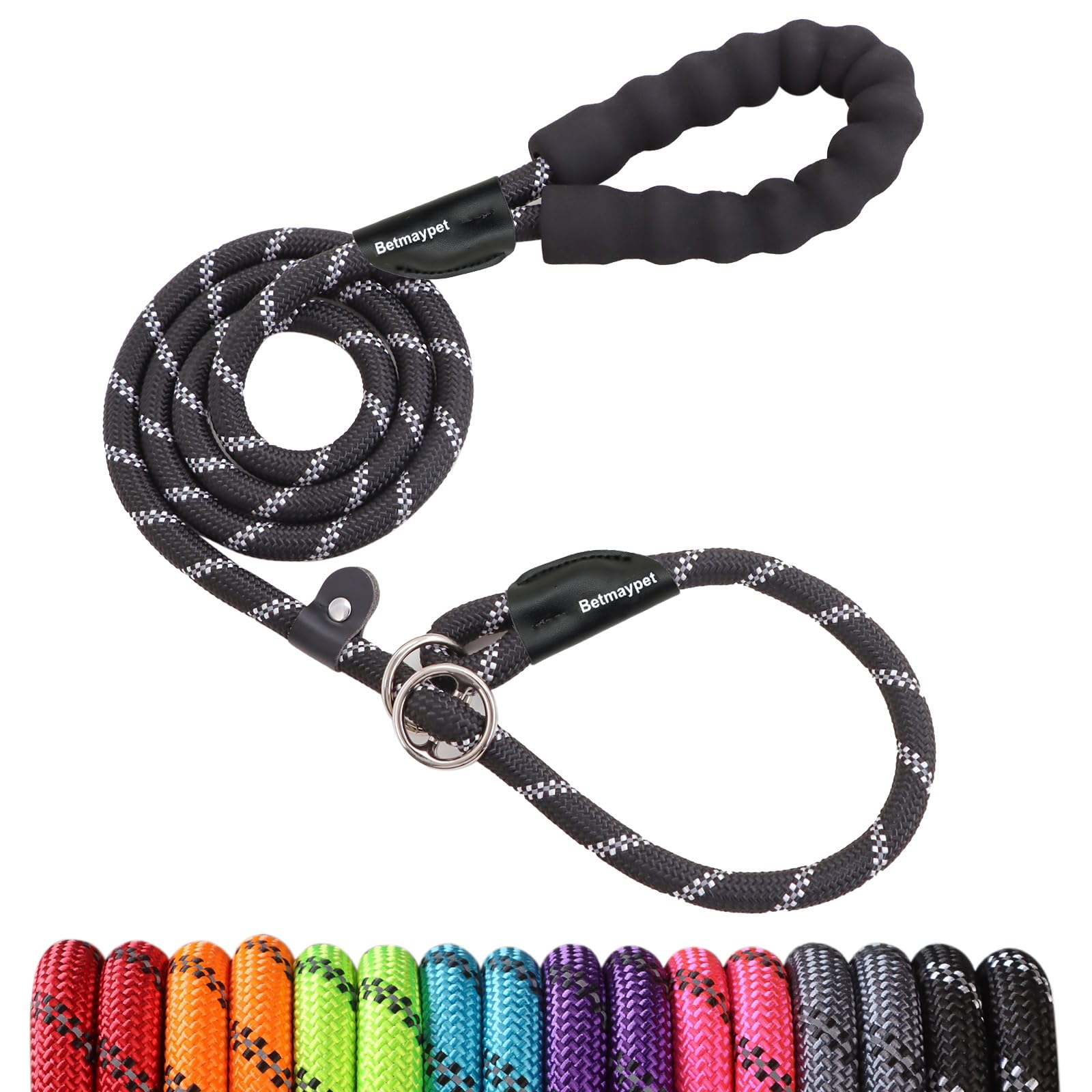 Betmaypet Slip Lead Dog Leash - 4/5/6 FT With Comfortable Handle - Reflective & Heavy Duty Rope for Training (1/2''- 5FT, Black)