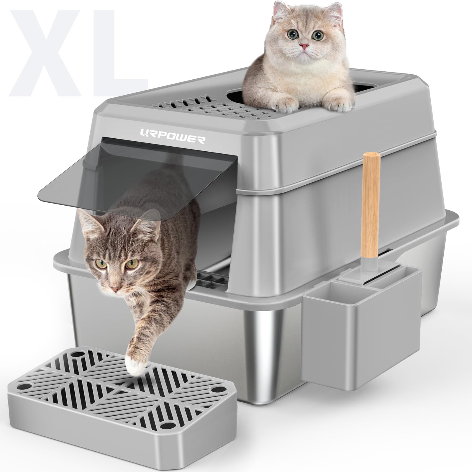 URPOWER Stainless Steel Cat Litter Box with Lid Extra Large Enclosed Litter Box for Cat Non-Sticky Metal Litter Pan High Sided K