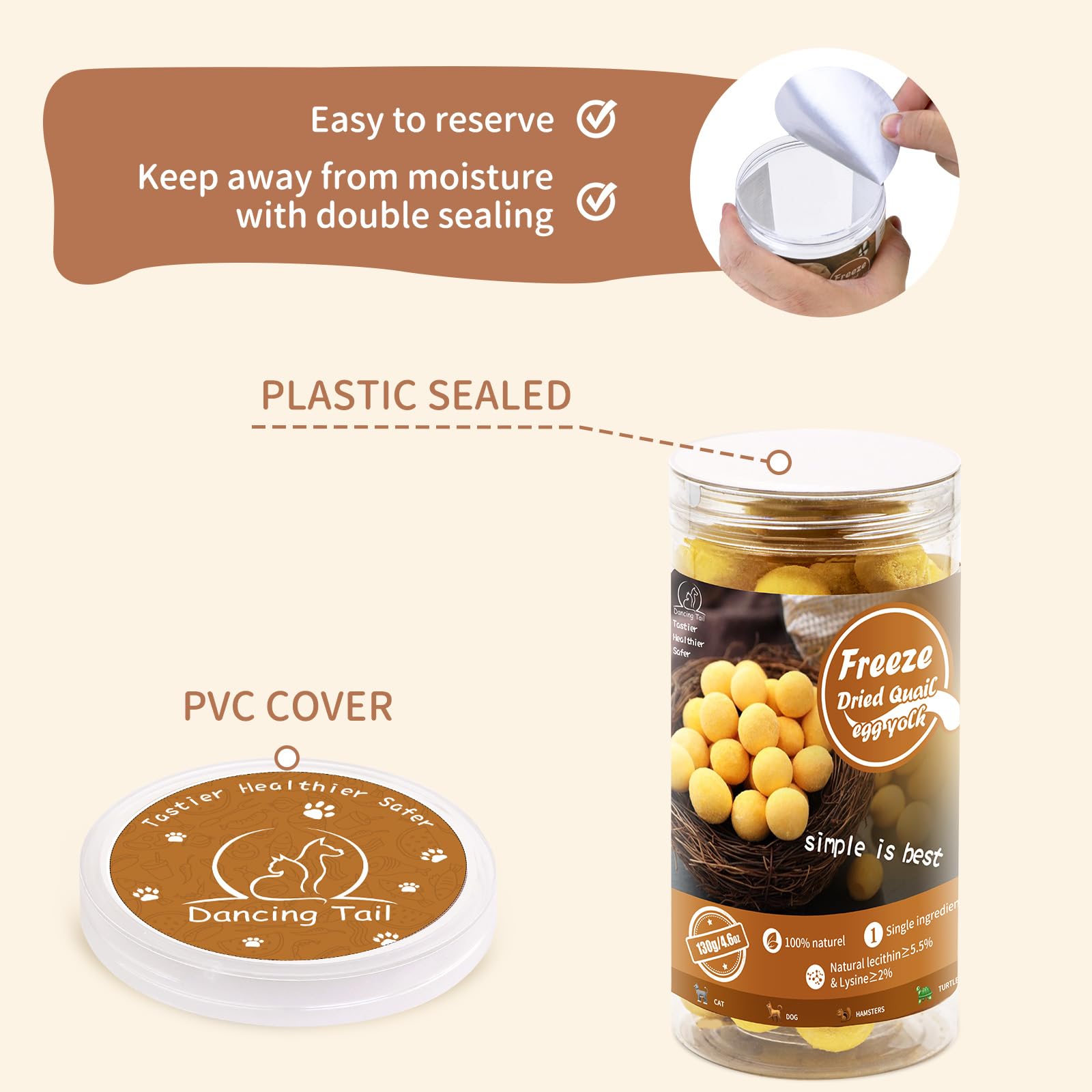 Dancing Tail Freeze Dried Cat and Dog Treats, Quail Egg Yolk, 4.6 Ounce, Limited Ingredient Healthy Snacks for Training
